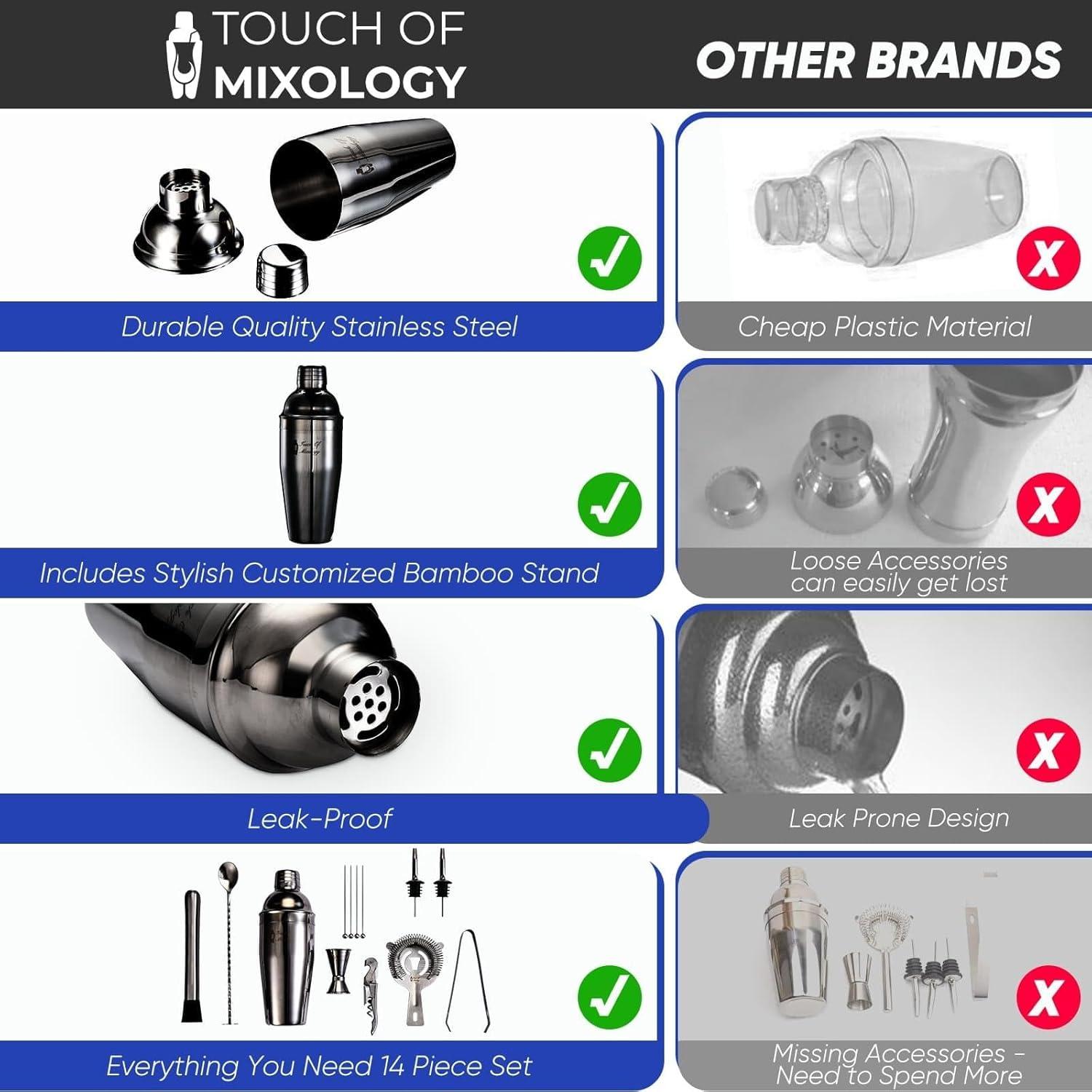 Touch of Mixology Premium 14 Piece Stainless Steel Bartender Kit with Bamboo Stand