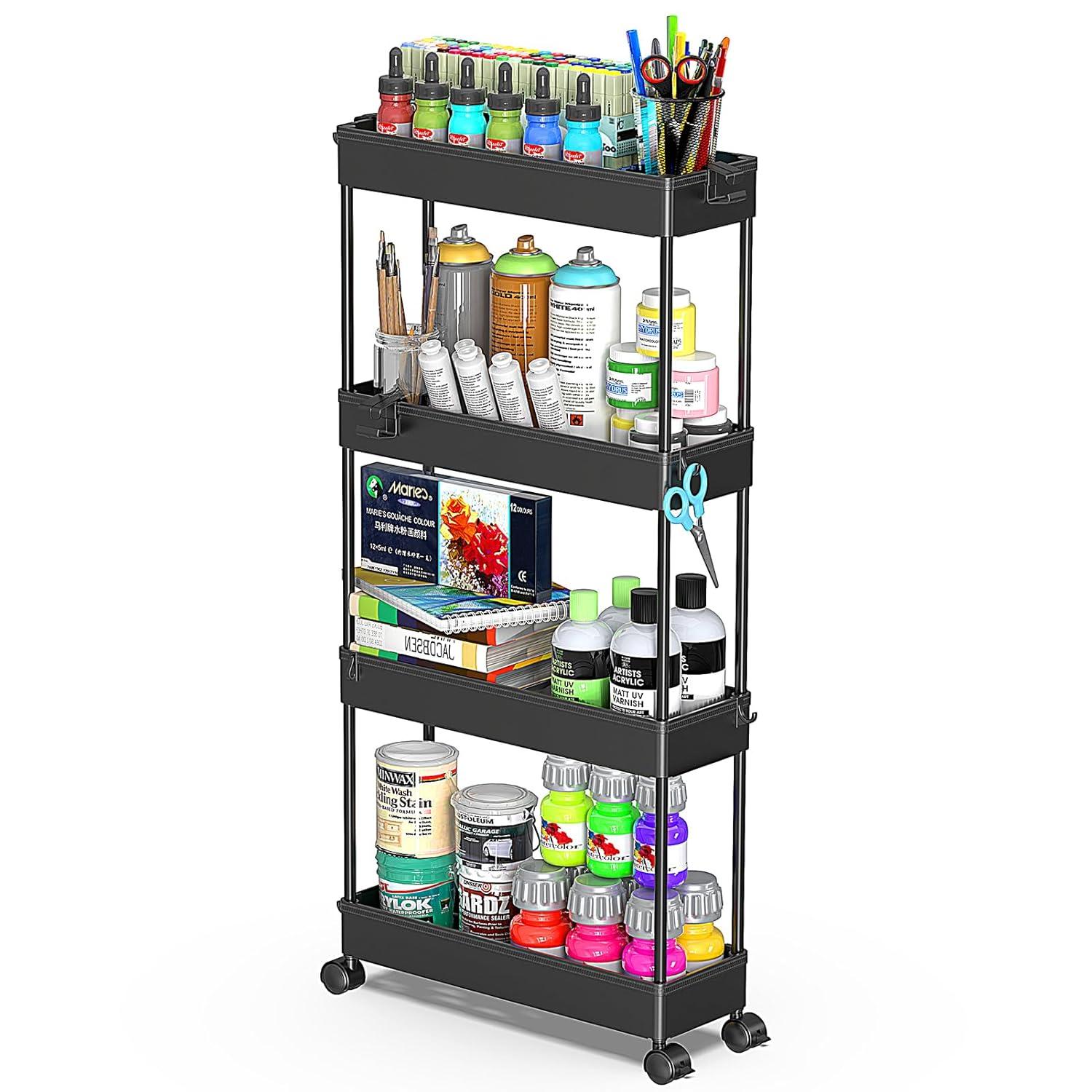 Black 4-Tier Rolling Storage Cart with Adjustable Shelves