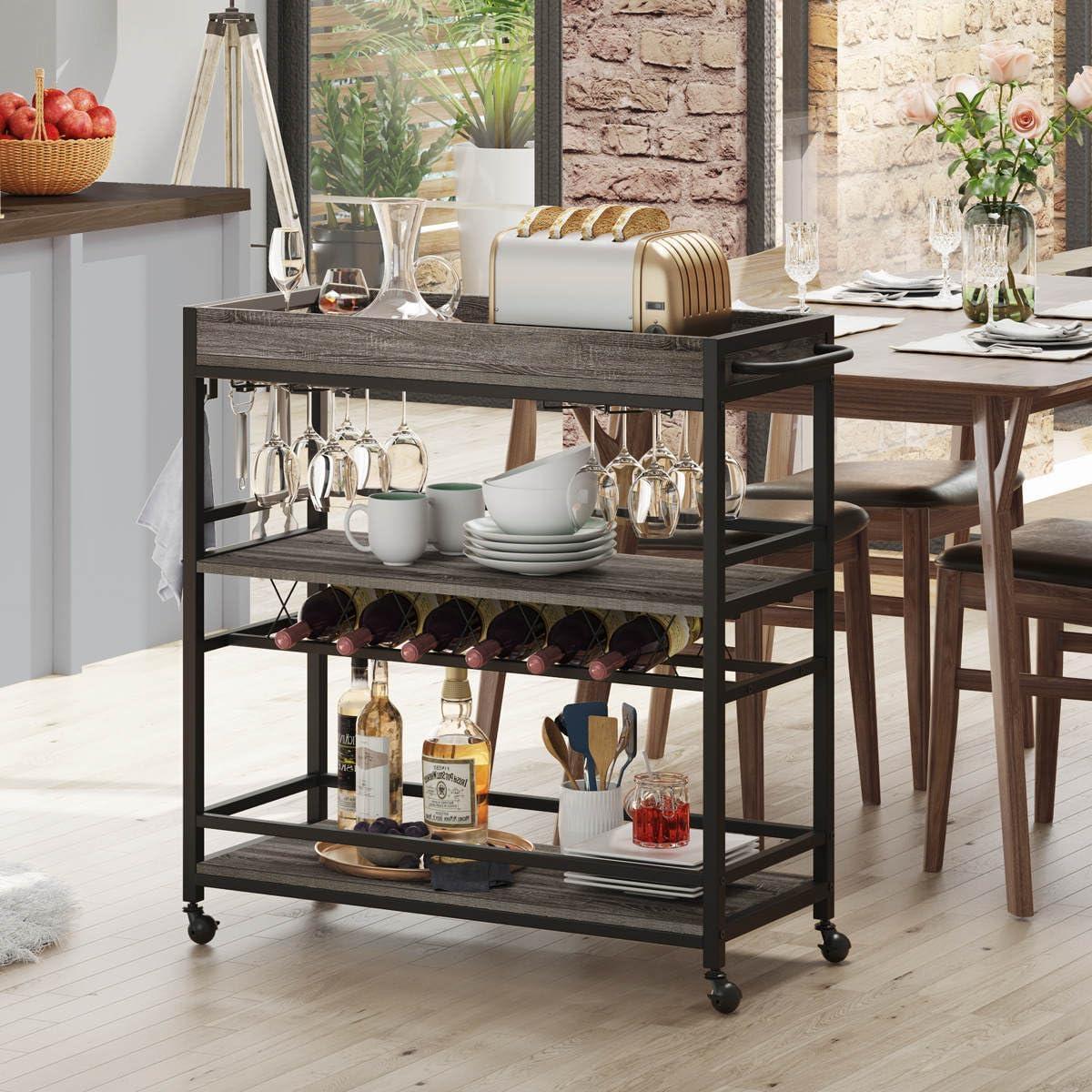 Gray Oak 3-Tier Bar Cart with Wine Rack and Glass Holder