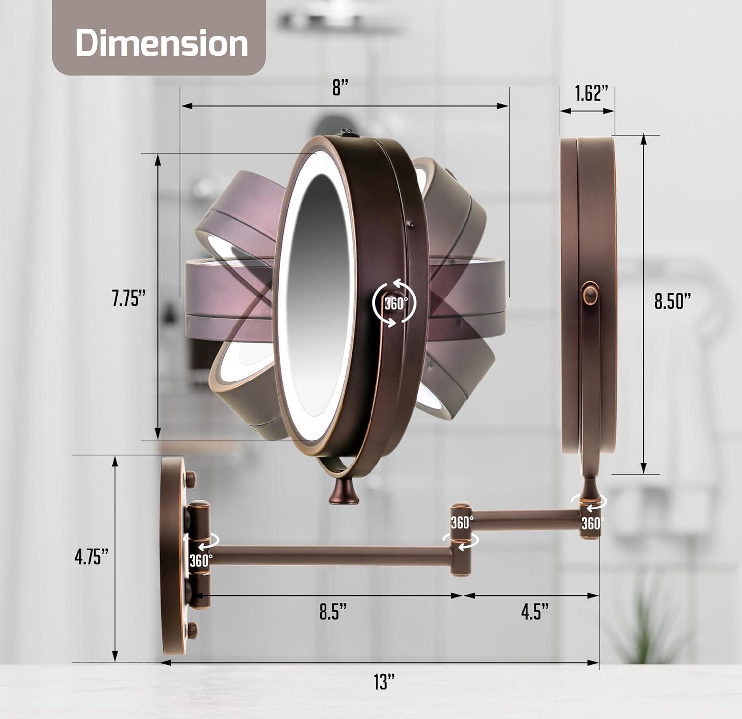 Ovente OVENTE 7" Lighted Wall Mount Makeup Mirror with 1X/10X Magnification, Cordless Double Sided Magnifying Round Vanity Mirror, 360° Swivel Design, Extendable and Folding Arm, Antique Bronze MFW70ABZ1X10X