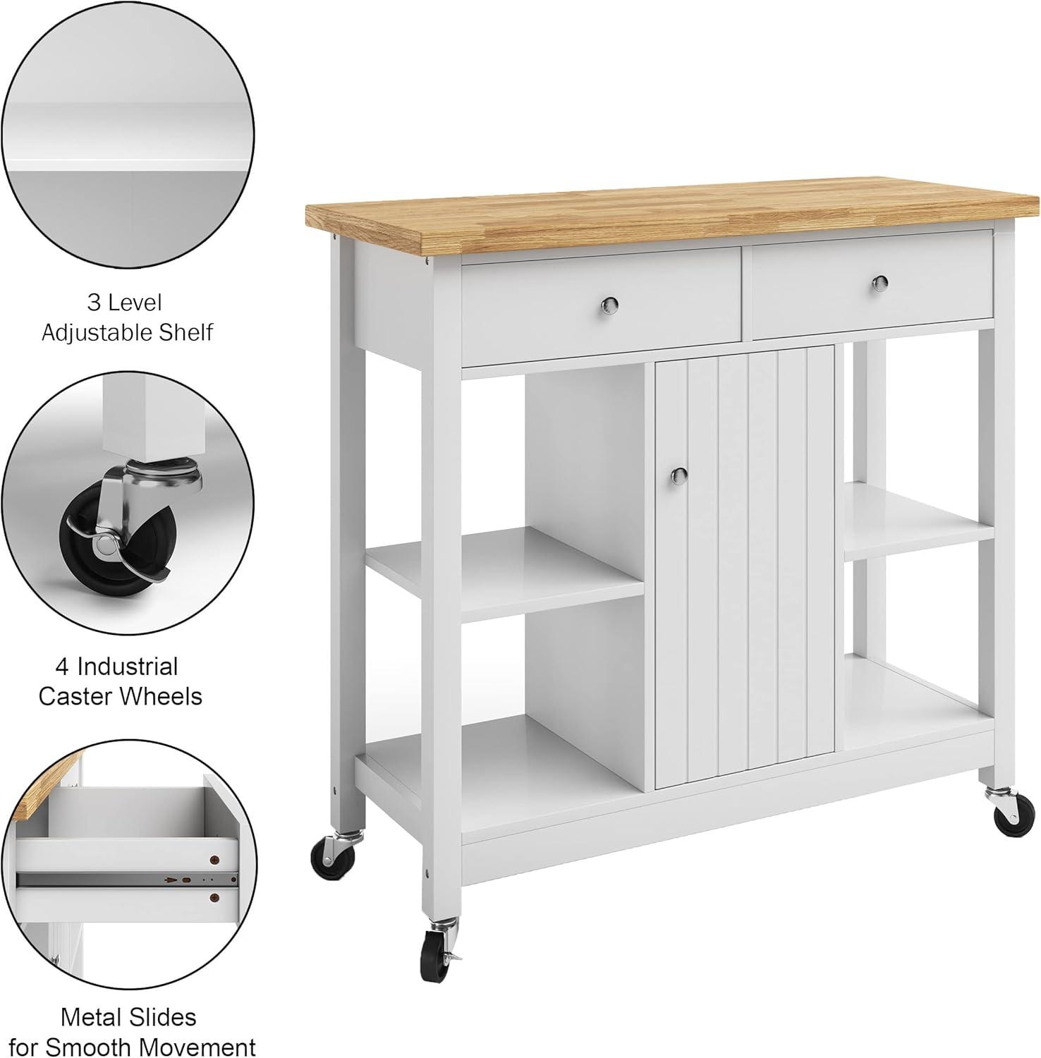 Kitchen Island with Drawers – Rolling Cart with Locking Casters – Use as Coffee Bar, Microwave Stand, or Shelves for Storage by Lavish Home (White)