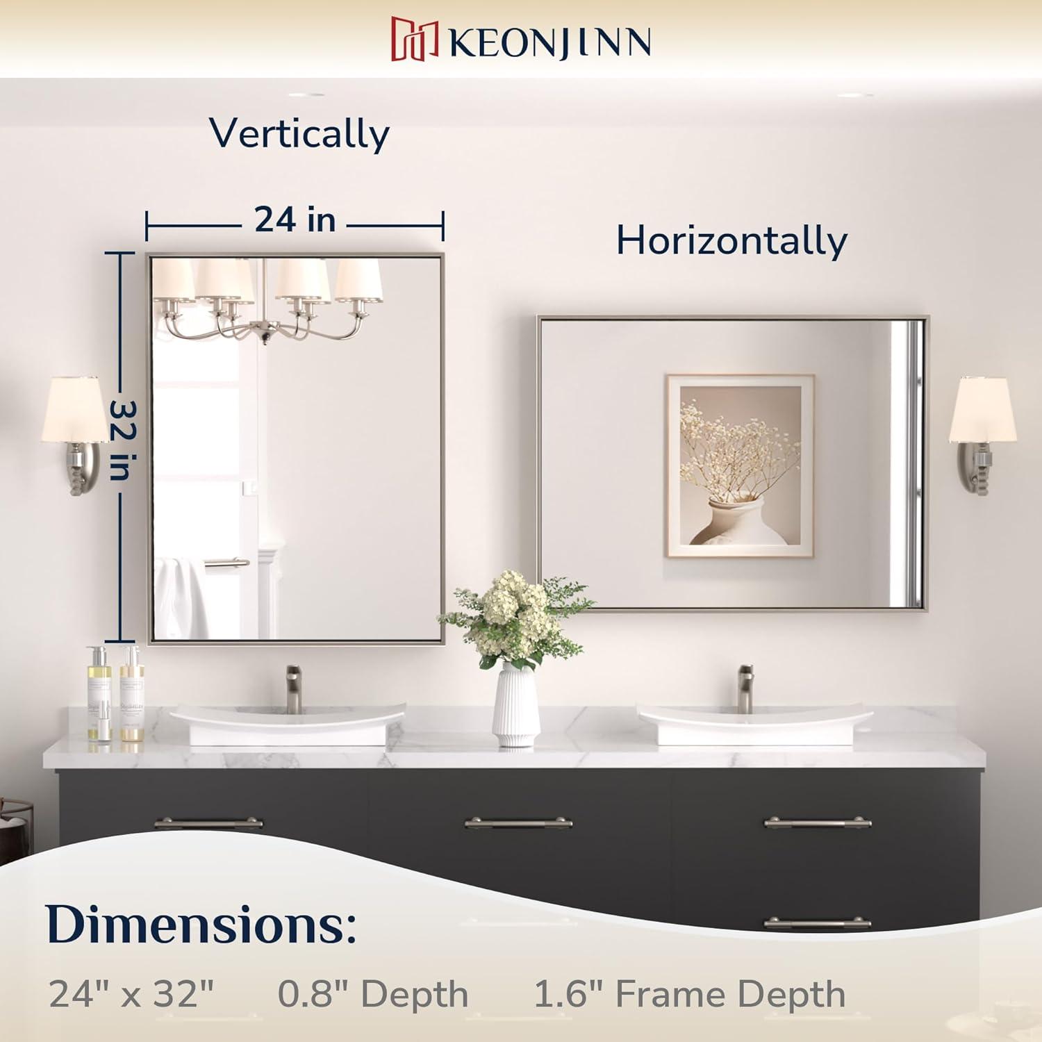 Keonjinn 24 x 32 in Brushed Nickel Bathroom Mirror for Wall, Silver Rectangular Metal Framed Vanity Mirror for Bathroom Sink Square Corner Aluminum Alloy Modern Rectangle Mirror(Horizontal/Vertical)