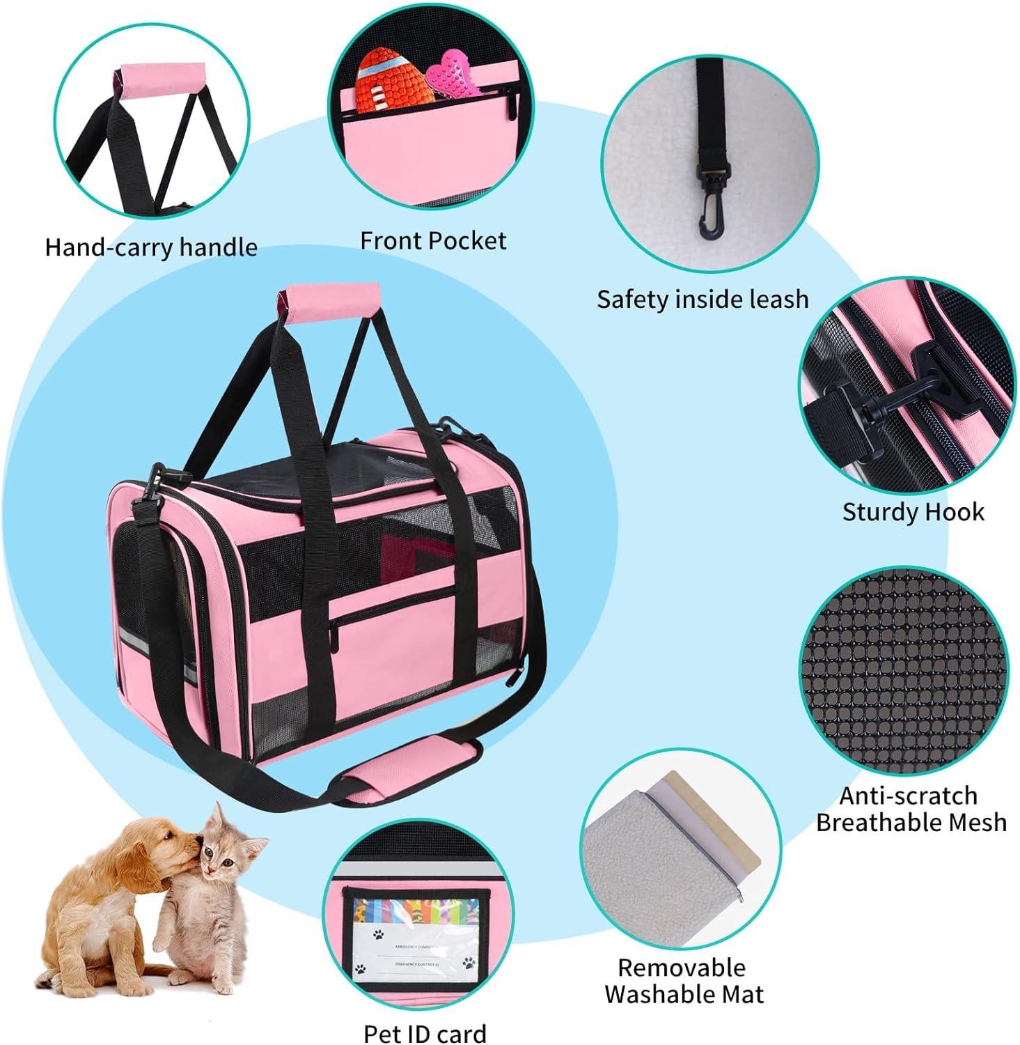 Cat Carrier Pet Carriers Airline Approved for Small Dogs Kitten Carriers for Small Medium Cats Under 15lb, Collapsible Soft Sided TSA Approved Travel Carrier, Pink