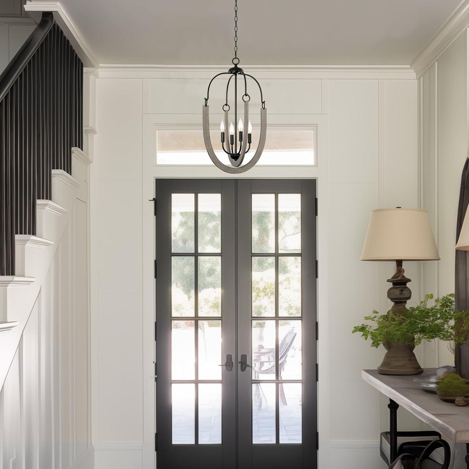 Kira Home Daphne 28" 4-Light Farmhouse Pendant Light, Gray Oak Wood Style + Black Finish