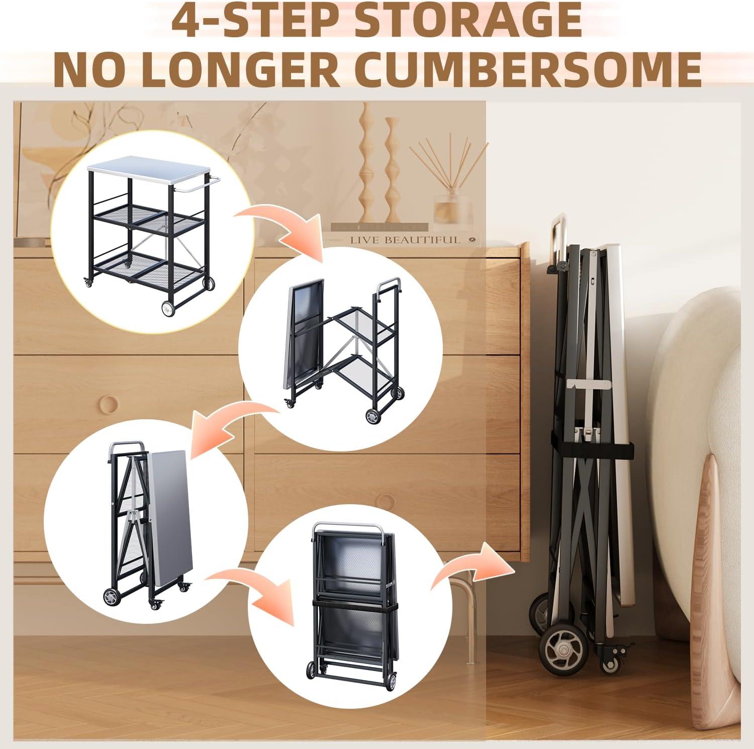 AECOJOY Outdoor Grill Table, Stainless Steel Pizza Oven Stand 3-Tier Folding BBQ Prep Table with Casters, Portable Kitchen Island for Apartment, Studio & Backyard Cooking, Gray