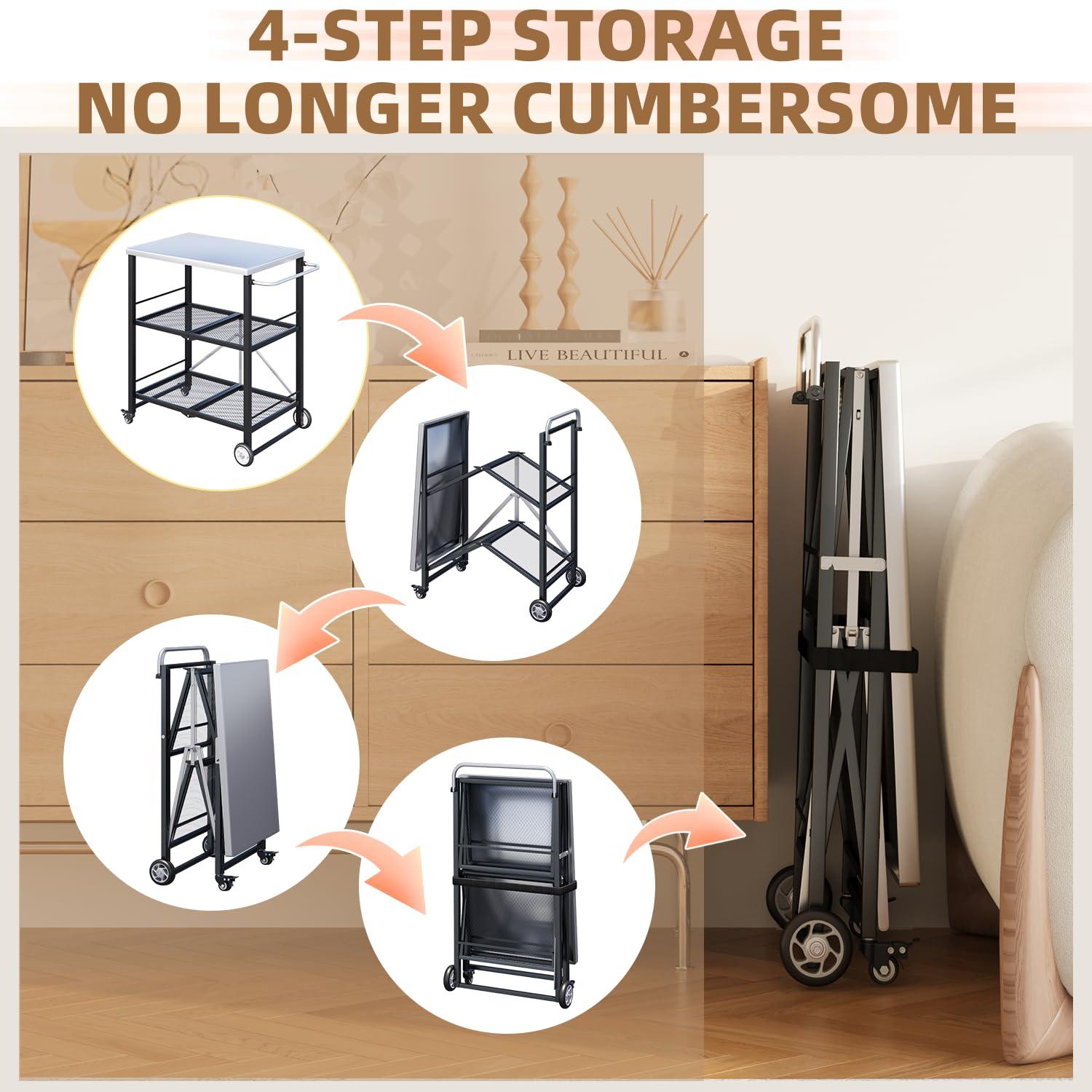 AECOJOY Outdoor Grill Table, Stainless Steel Pizza Oven Stand 3-Tier Folding BBQ Prep Table with Casters, Portable Kitchen Island for Apartment, Studio & Backyard Cooking, Gray