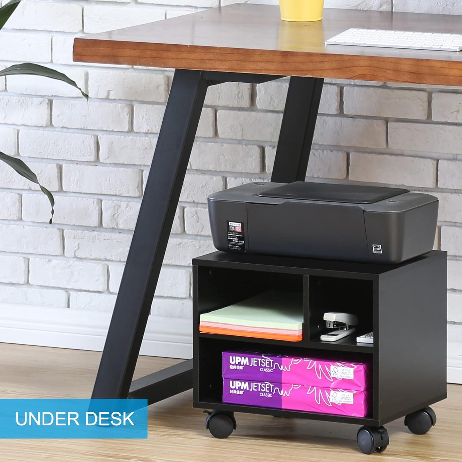 Black MDF Mobile Printer Stand with Storage and Wheels