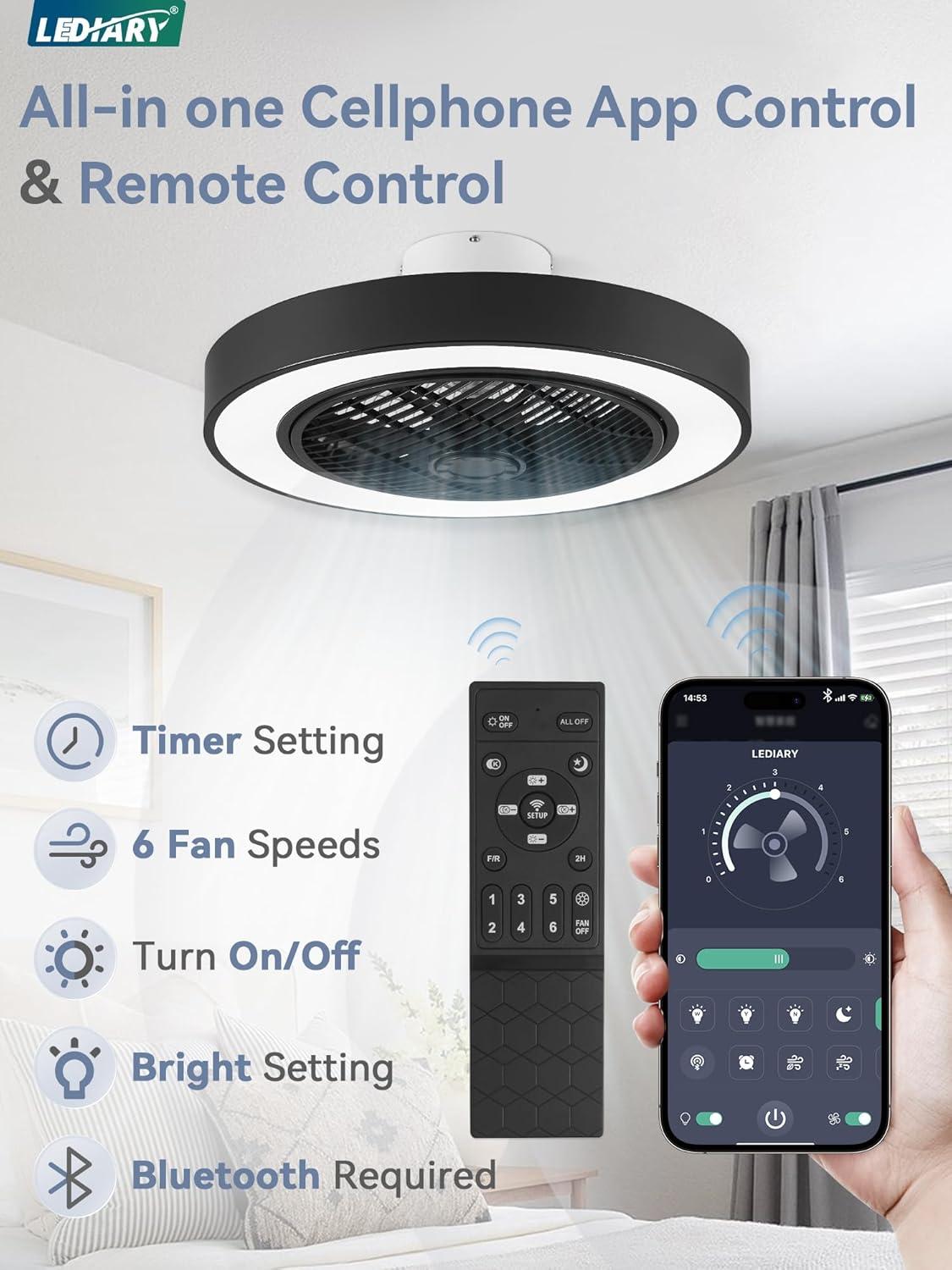 22 in. Indoor Black Modern Enclosed Low Profile Ceiling Fan with Light with Smart APP and Remote Control
