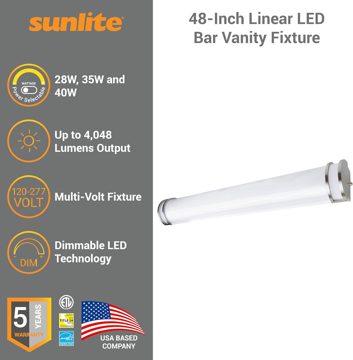 Sunlite 81493 48-Inch Linear LED Bar Vanity Fixture, Power Selectable 28W/35W/40W, 100-277V, 4048 Lumens, Color Selectable 30K/40K/50K, 90 CRI, Dimmable, ETL Listed, Energy Star, Title-24 Compliant