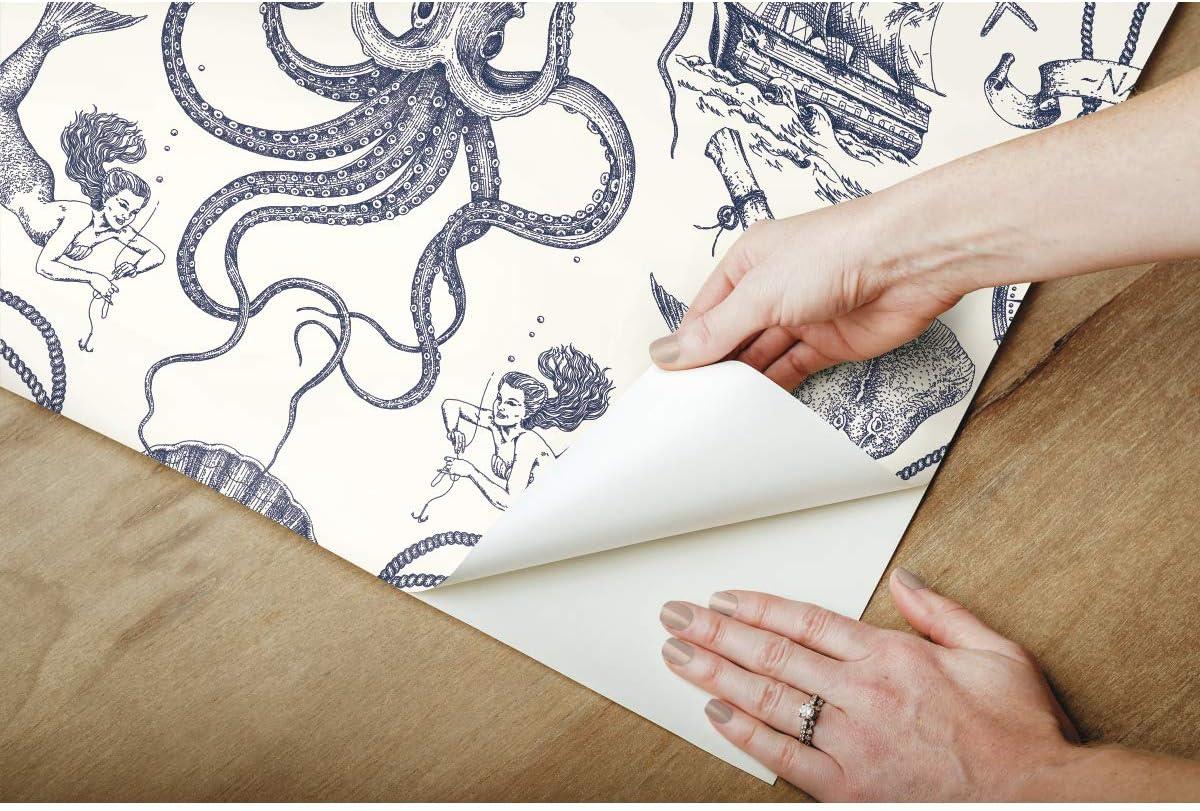 RoomMates Deep Sea Toile Blue Peel and Stick Wallpaper: Nautical Vinyl, Mermaid & Seahorses, Self-Adhesive, 28.18 Sq Ft Coverage