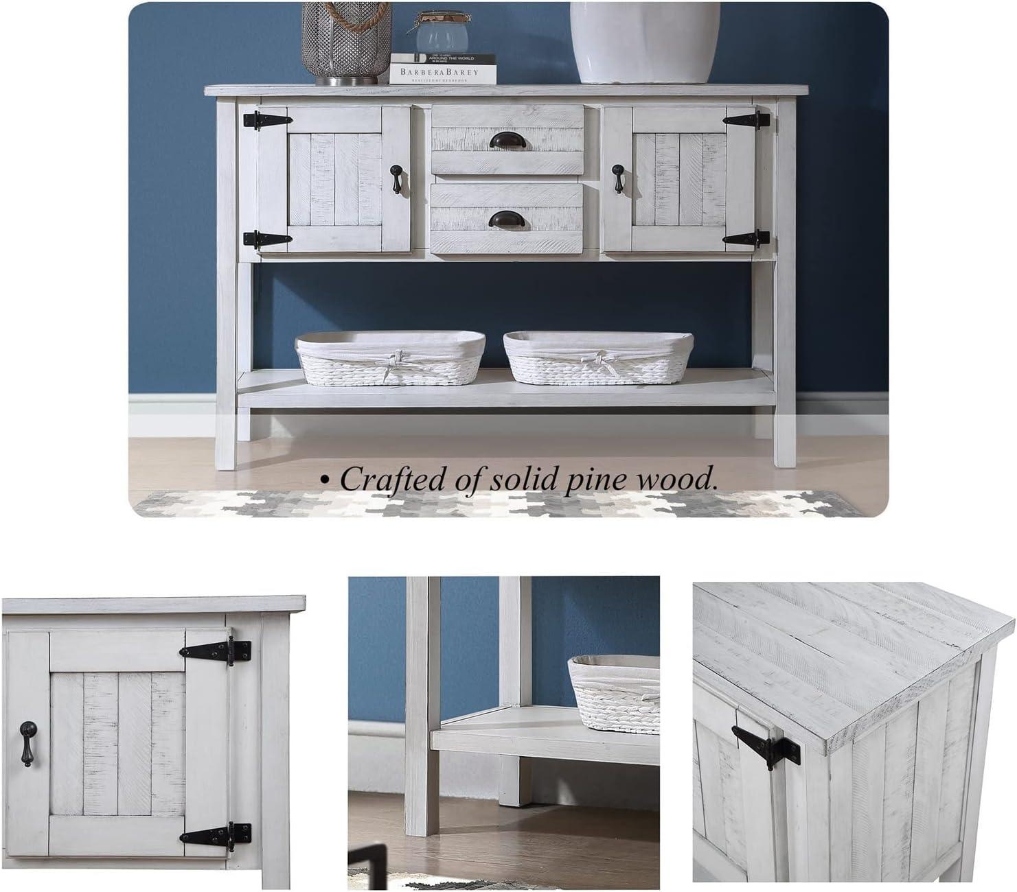 48" Solid Wood Buffet Sideboard,Farmhouse Console Table with Bottom Shelf,Retro-Style Storage Cabinet for Entryway,Living Room,Dining Room,Kitchen,Antique White