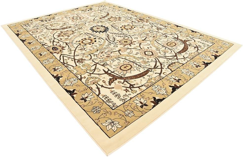 Ivory and Light Brown 9' x 12' Stain-Resistant Synthetic Rug