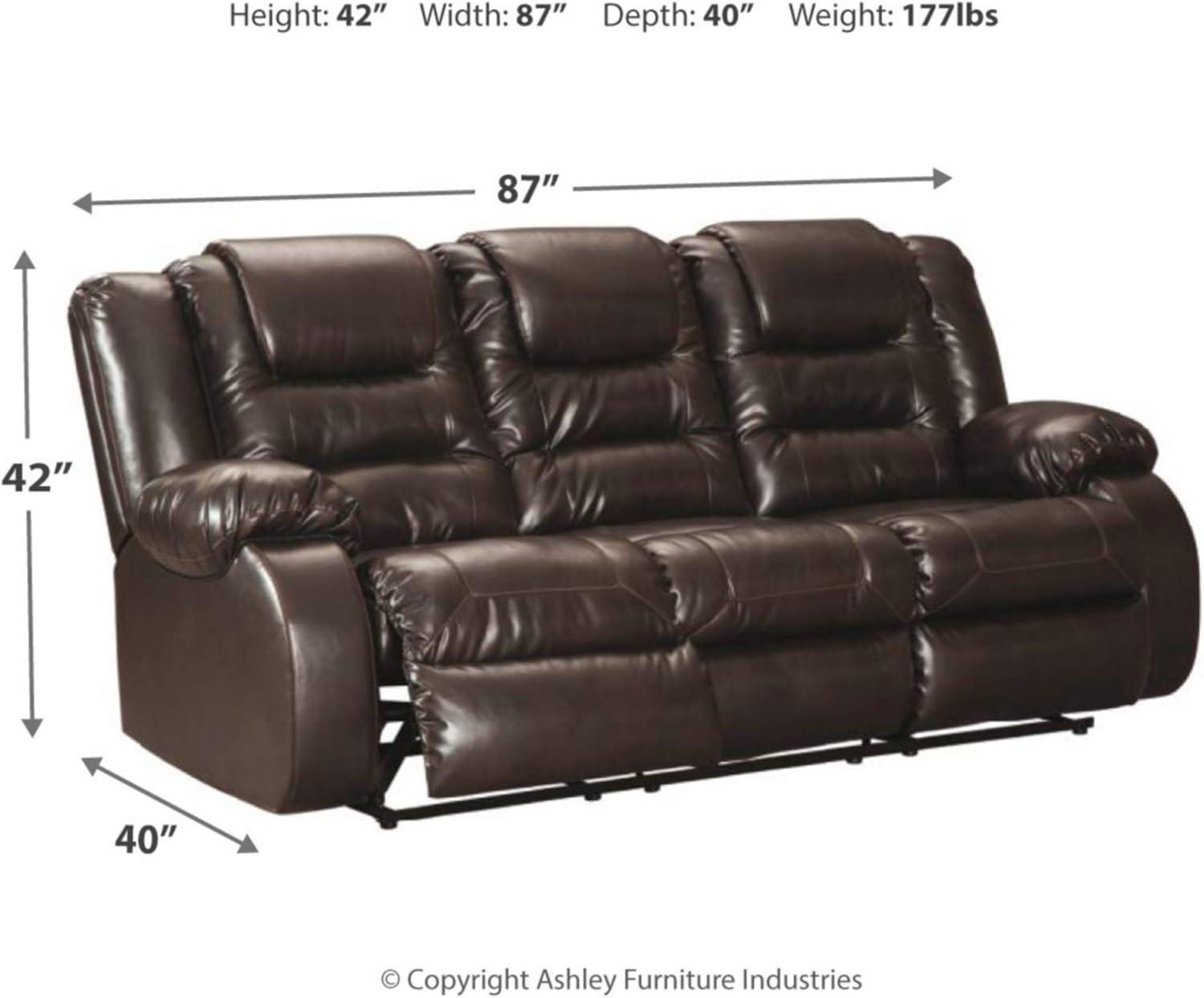 Vacherie Chocolate Faux Leather Reclining Sofa with Cup Holder