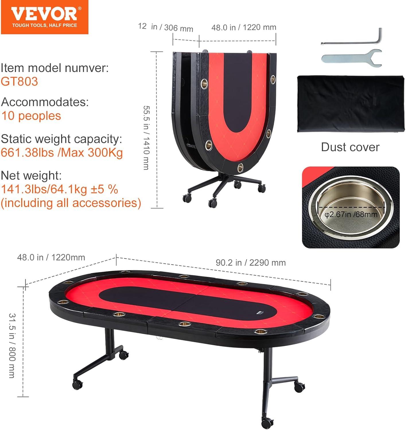 VEVOR 90.2'' 10 - Player Red Foldable Poker Table