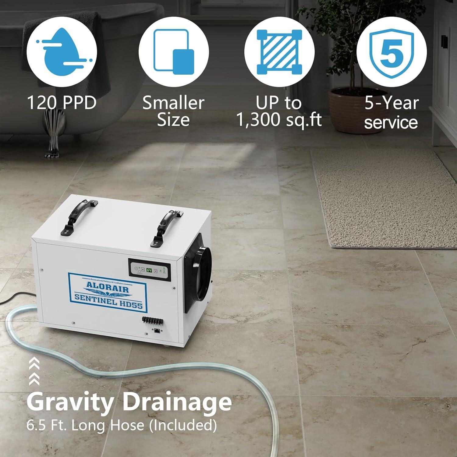 Alorair Sentinal Hd55 113 pt Dehumidifier in Blue - Automatic Shut Off, Adjustable Humistat,with Drain Hose for Crawl Spaces