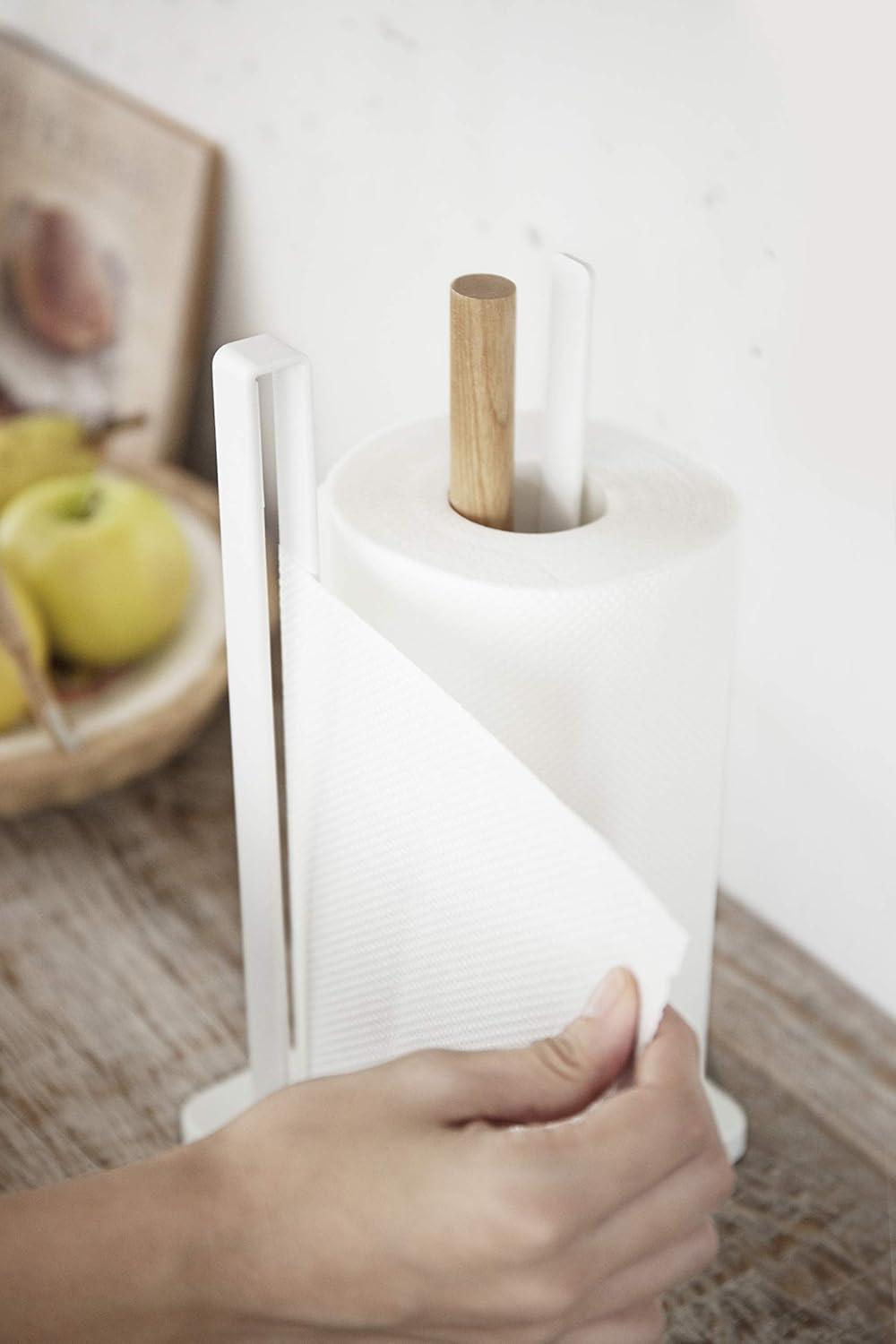 Yamazaki Home One-Handed Tear Paper Towel Holder - Kitchen Storage Rack, Steel + Wood