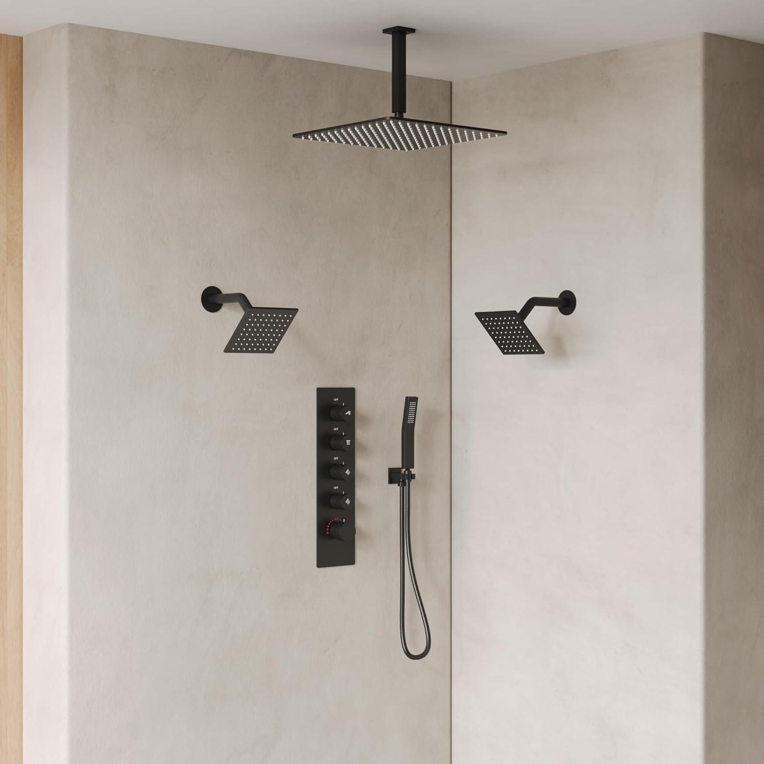 15-Spray Patterns 16" & 6" Triple Shower Heads, Shower FaucetSystem with Thermostatic Rough-in Valve