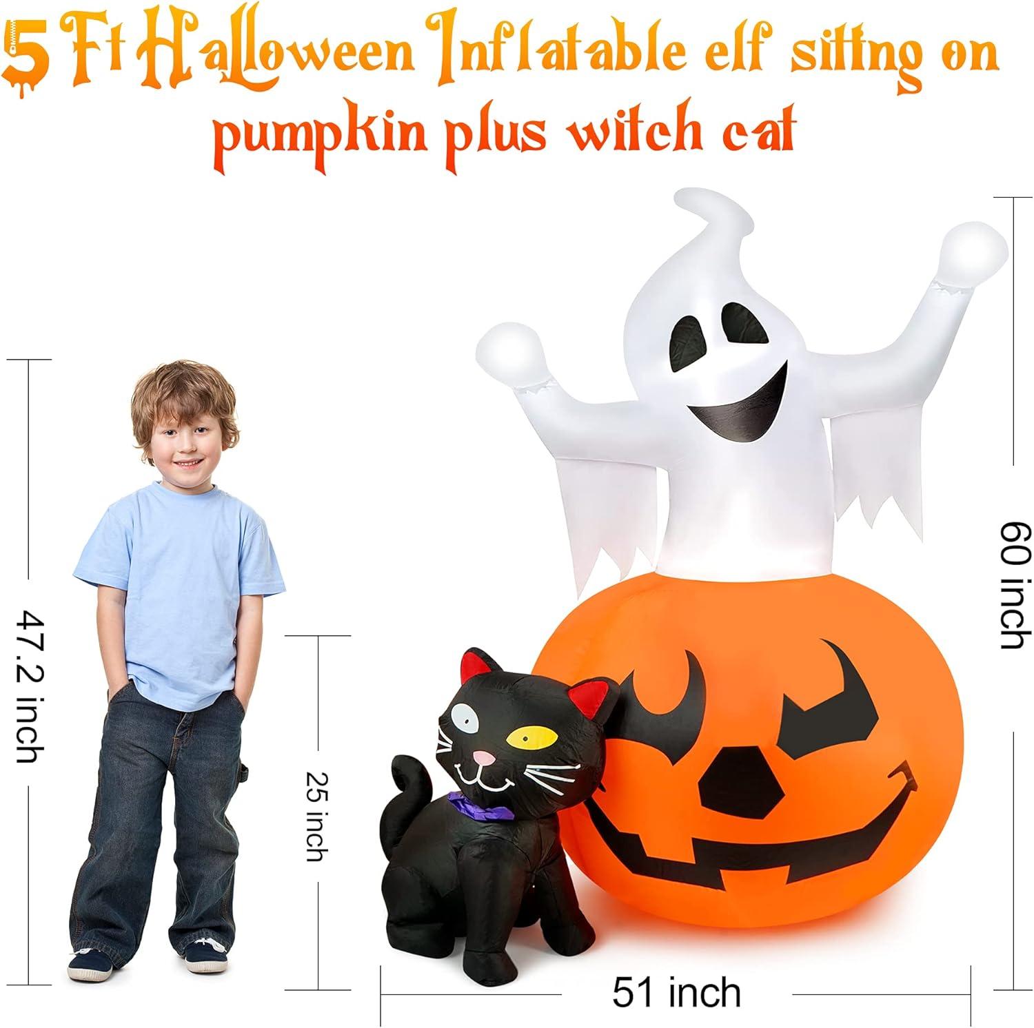 5 FT Halloween Inflatable Spooky Pumpkin with Ghost and Black Cat