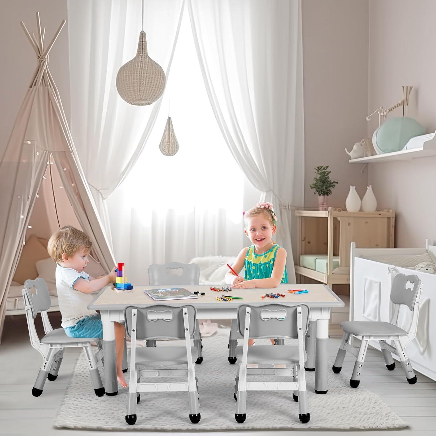 Pirecart Kids Table and 6 Chairs Set Height Adjustable Kids Craft and Play Table for Ages 2-10