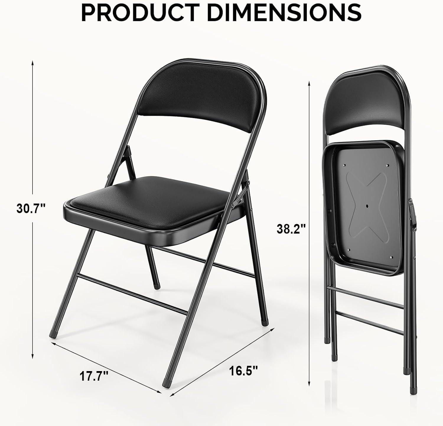 VENI 4-Pack Vinyl-Padded 30" Metal Folding Steel Chairs  Adult Foldable Chair 4 Pack, Black