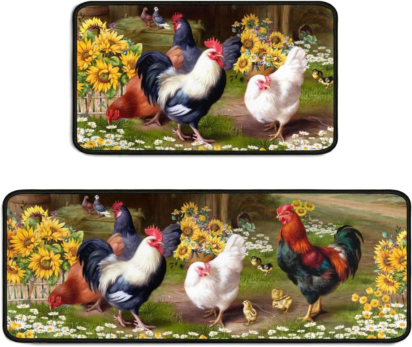 Farmhouse Rooster and Sunflower Washable Runner Rug Set
