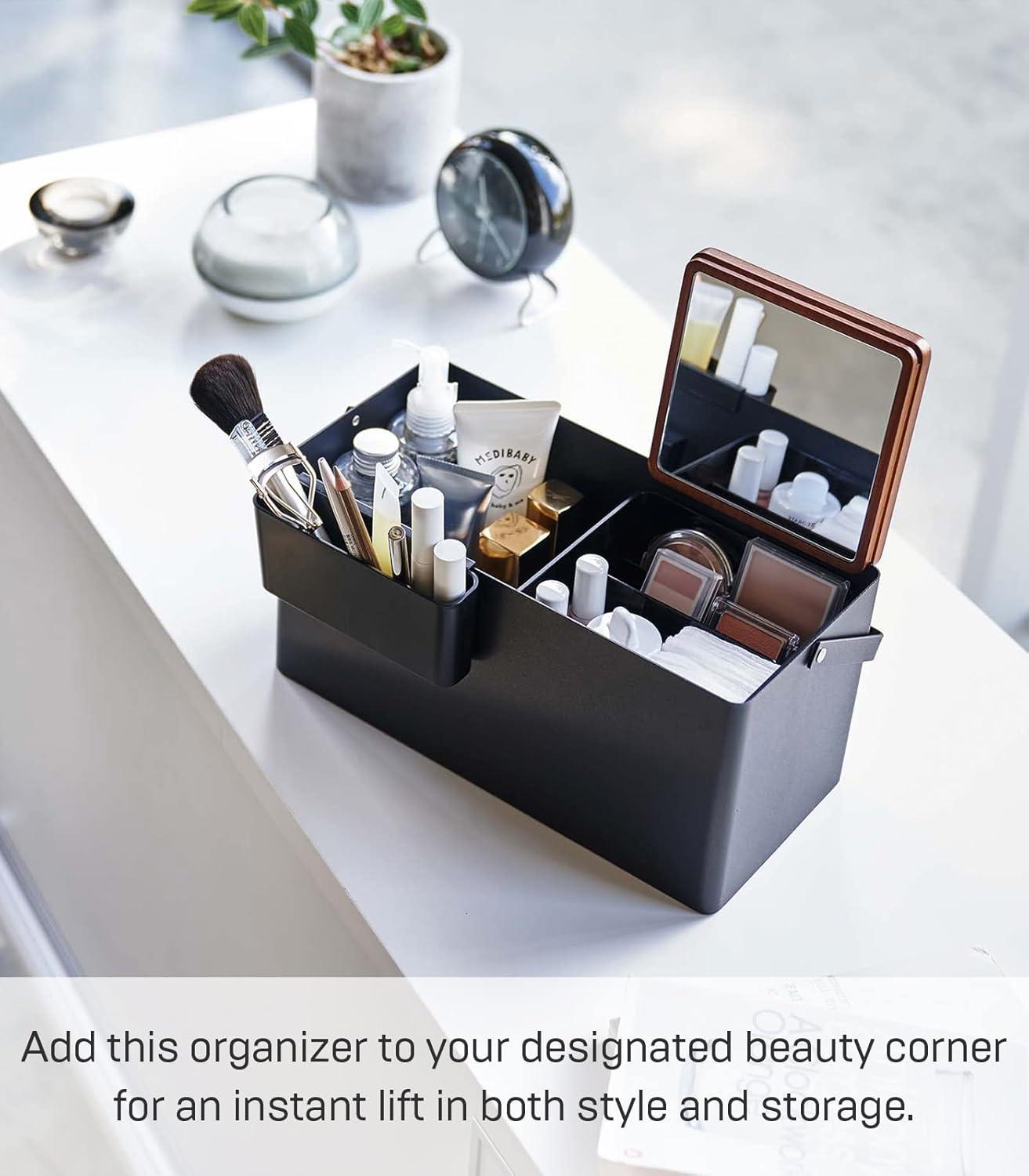 Yamazaki Home Large Makeup Organizer Cosmetic Caddy With Handle Vanity Storage Mirror, Steel + Wood