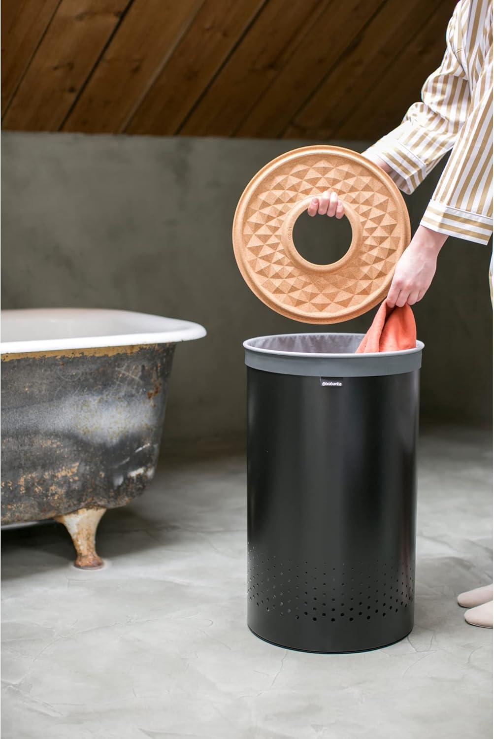 Brabantia - Laundry Hamper - with Cork Lid - Ventilation Holes - Corrosion Resistant Materials - Hygienic - Discrete - Laundry Basket - Bathroom - with Small Hole - Matt Black - 16 Gal