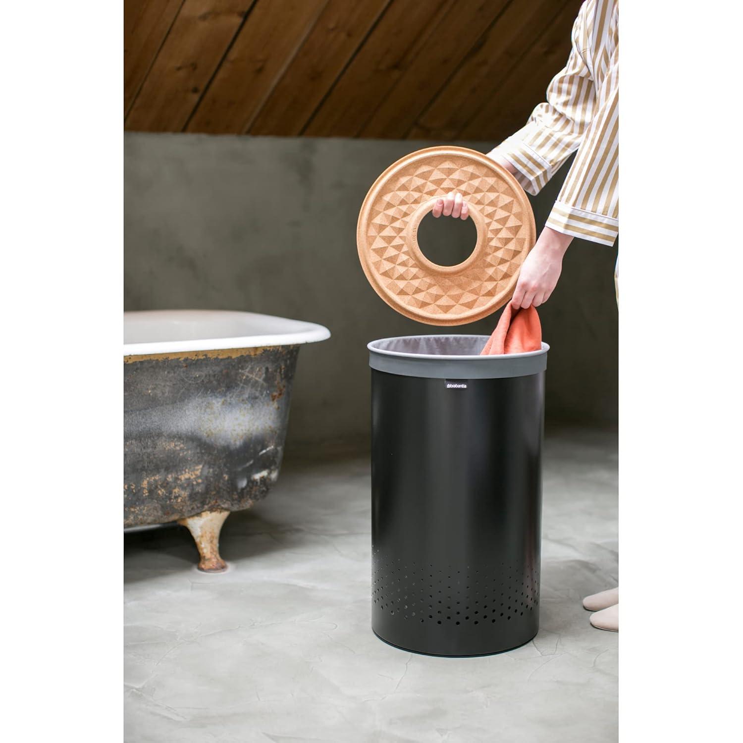 Brabantia - Laundry Hamper - with Cork Lid - Ventilation Holes - Corrosion Resistant Materials - Hygienic - Discrete - Laundry Basket - Bathroom - with Small Hole - Matt Black - 16 Gal