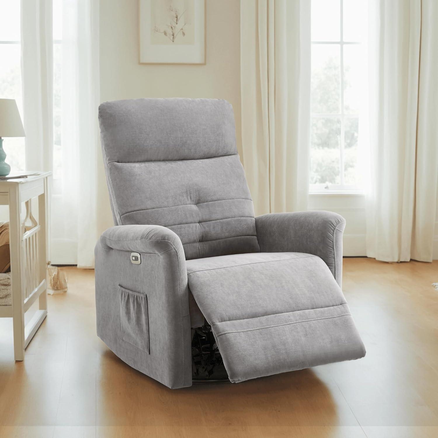 Light Grey Faux Leather Swivel Recliner with Metal Frame