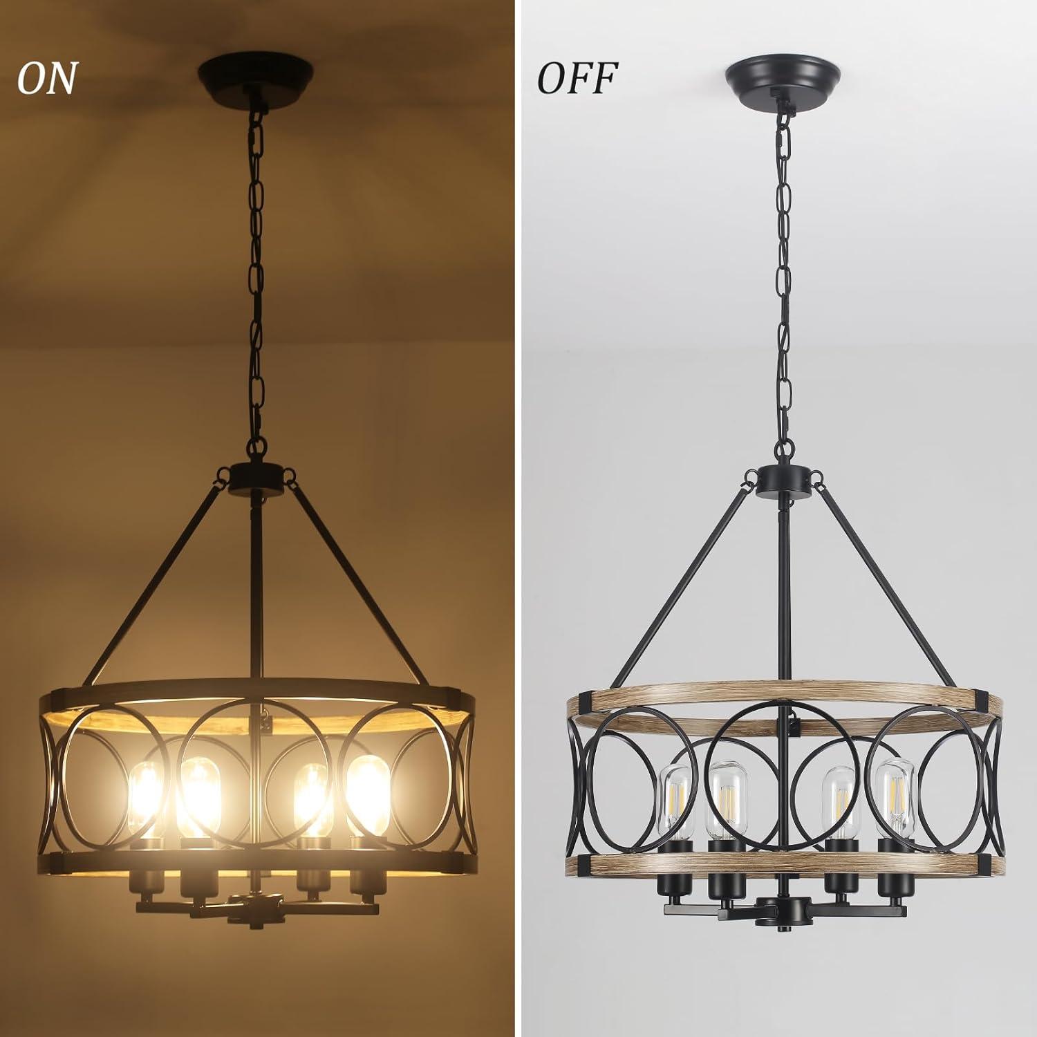 LNC 4-Light Brown Wood and Matte Black Farmhouse LED Dry Rated Chandelier, Kitchen Island Pendant Light for Dining Room,Kitchen Island,Bedroom