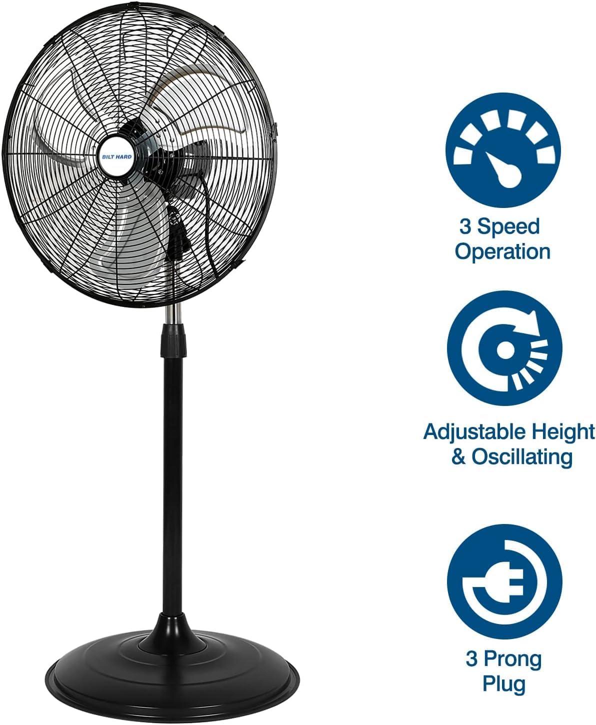 BILT HARD 5200 CFM 20" High Velocity Pedestal Fan, 3-Speed Industrial Oscillating Stand Fan with Aluminum Blades, Heavy Duty Standing Shop Fan for Commercial, Residential, and Garage