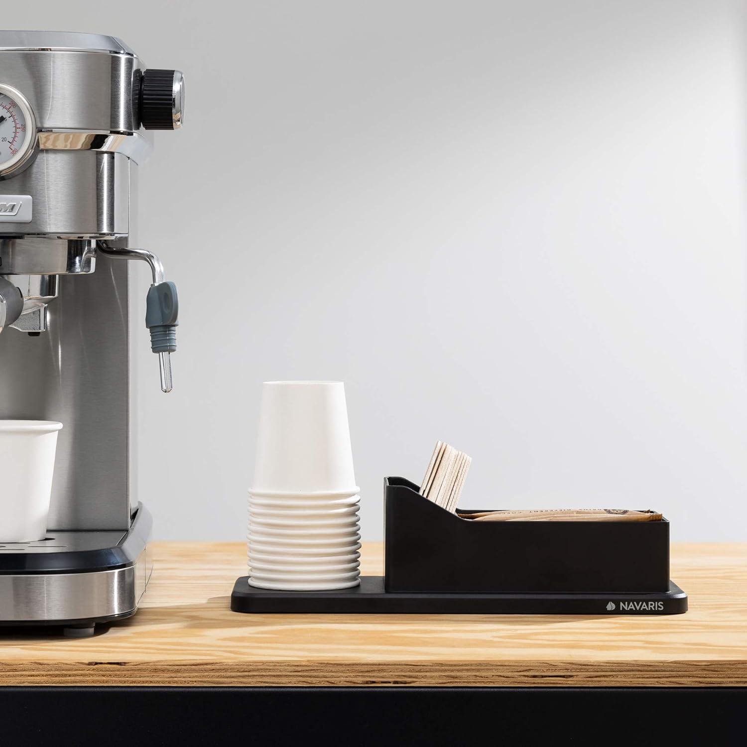 Navaris Small Coffee Station Organizer - Tea and Coffee Condiment Supplies Holder with Stacking Cup Storage - For Kitchen or Office Break Room - Black