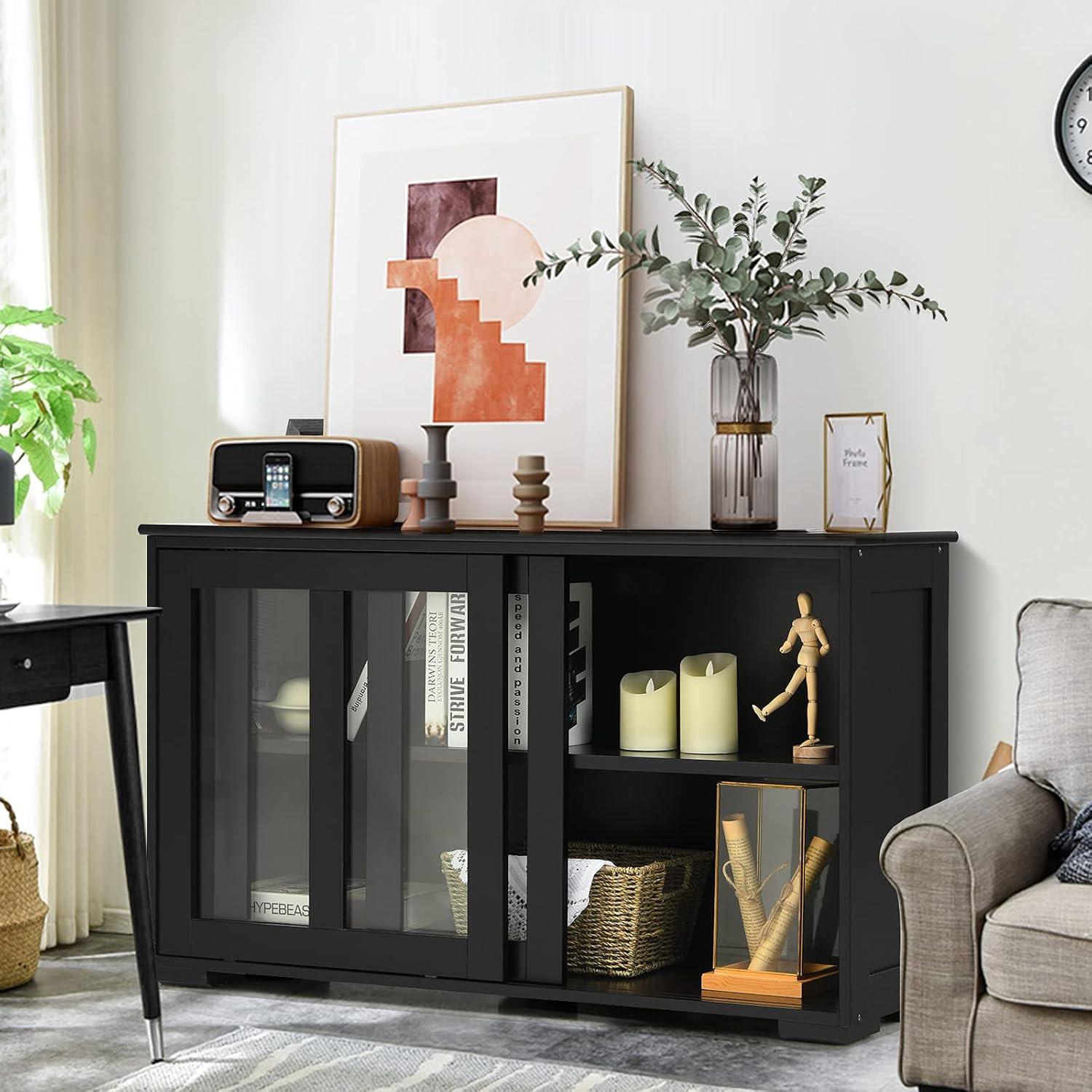 Black MDF and Glass Sliding Door Sideboard Cabinet