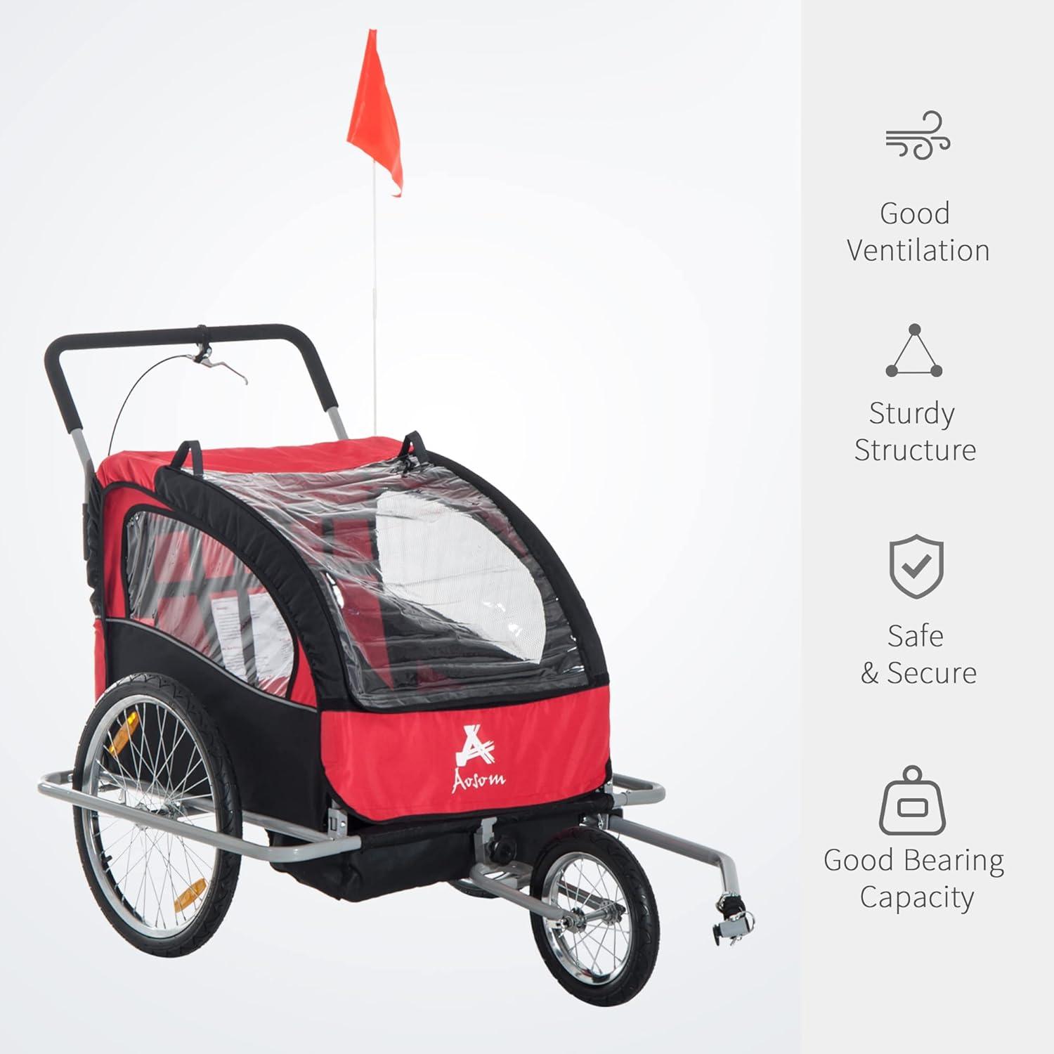 Aosom Elite Three-Wheel Bike Trailer for Kids Bicycle Cart for Two Children with 2 Security Harnesses & Storage, Red