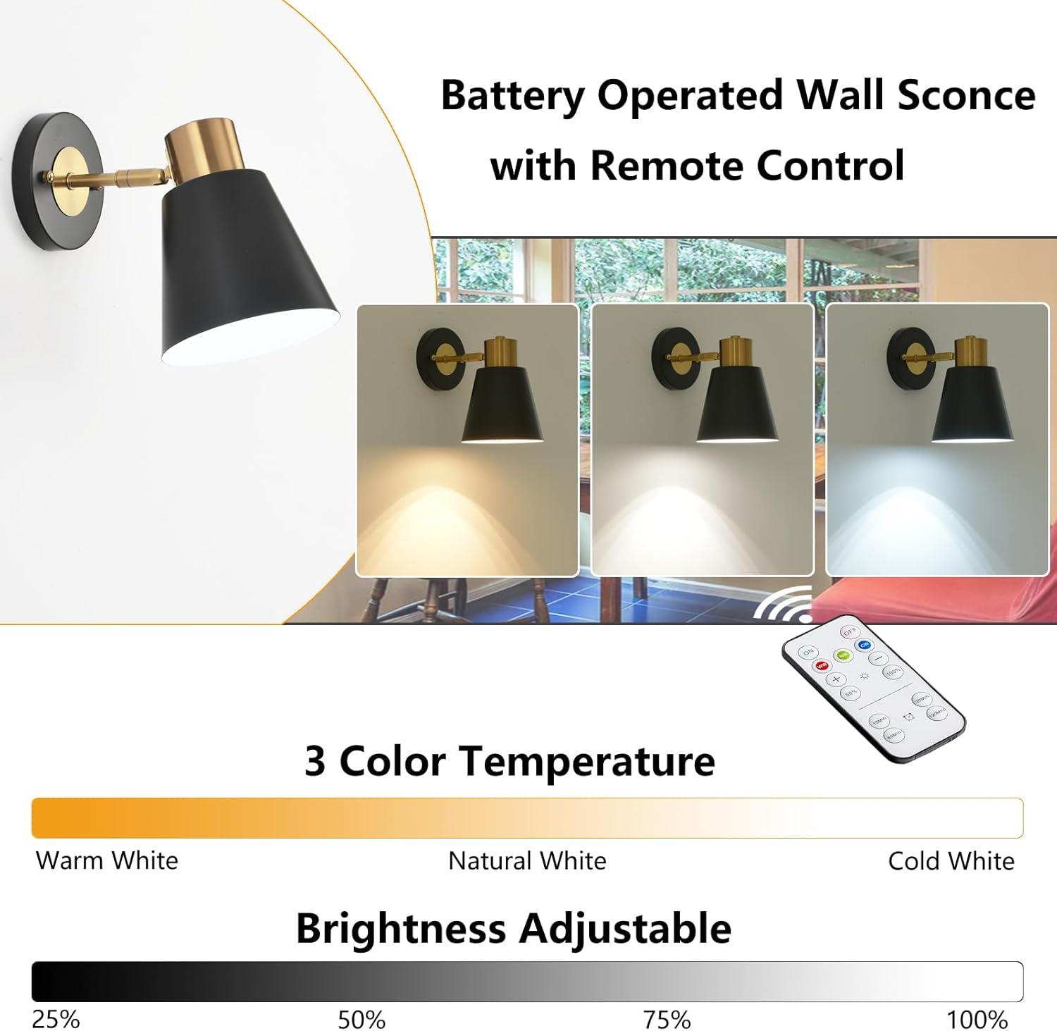 Battery Operated Wall Sconce Set of Two, Modern with Remote Control Dimmable Wall Lighting Indoor