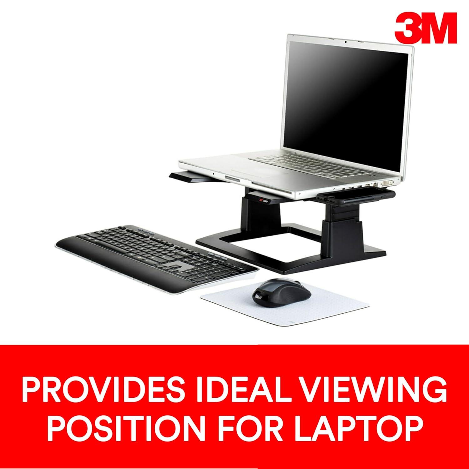 3M Adjustable Laptop Stand, Raise Screen Height to Reduce Neck Strain, 3" Height Adjustment, Large Platform for Docking Station, Non-Skid Base Keeps Laptop Secure, Cable Management, Black (L