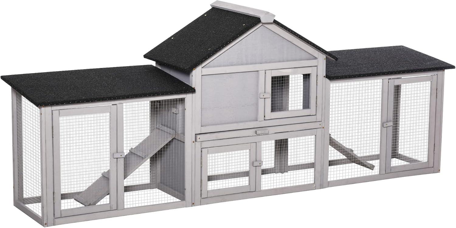 PawHut 83" Wooden Rabbit Hutch Large Bunny Hutch House with Double Run, Removable Tray and Waterproof Roof for Outdoor, Gray