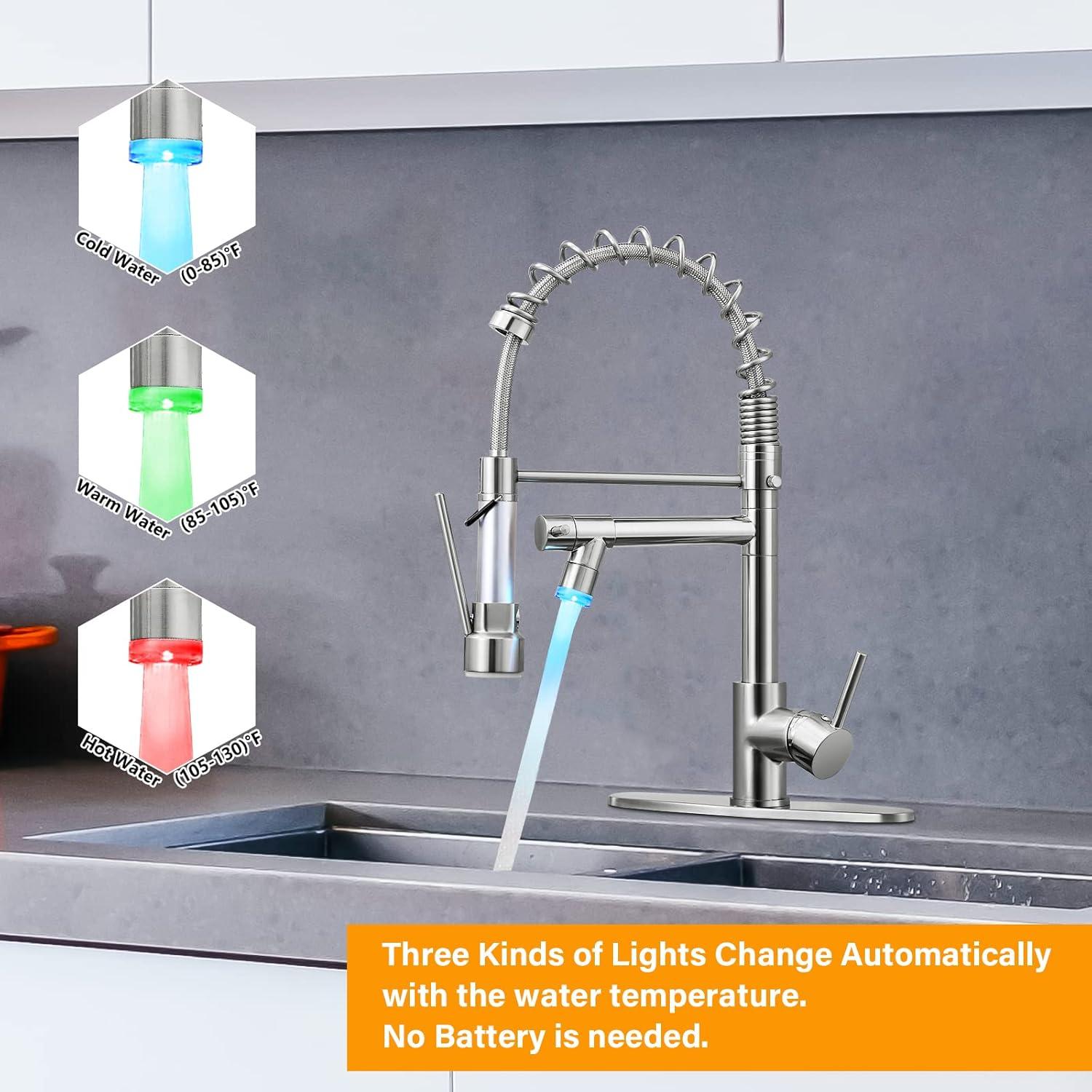 Qomolangma Commercial LED Kitchen Sink Faucet with Pull Down Sprayer, Modern Single Handle Kitchen Faucets with Light, Brushed Nickel