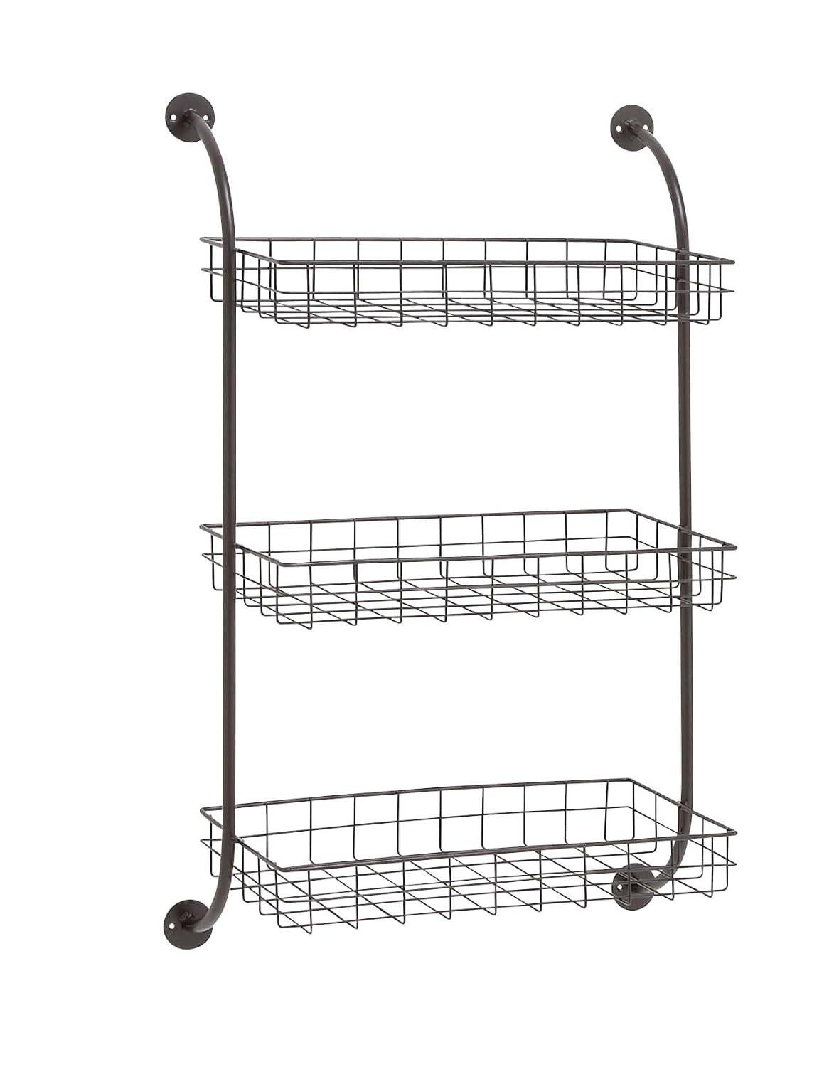 DecMode 21" x 10" 3-Tier Black Wall Shelf with Suspended Baskets