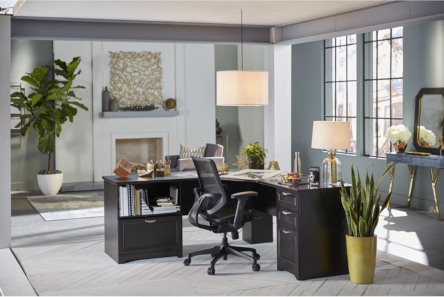 Espresso Wood L-Shaped Corner Desk with Drawers and Keyboard Tray