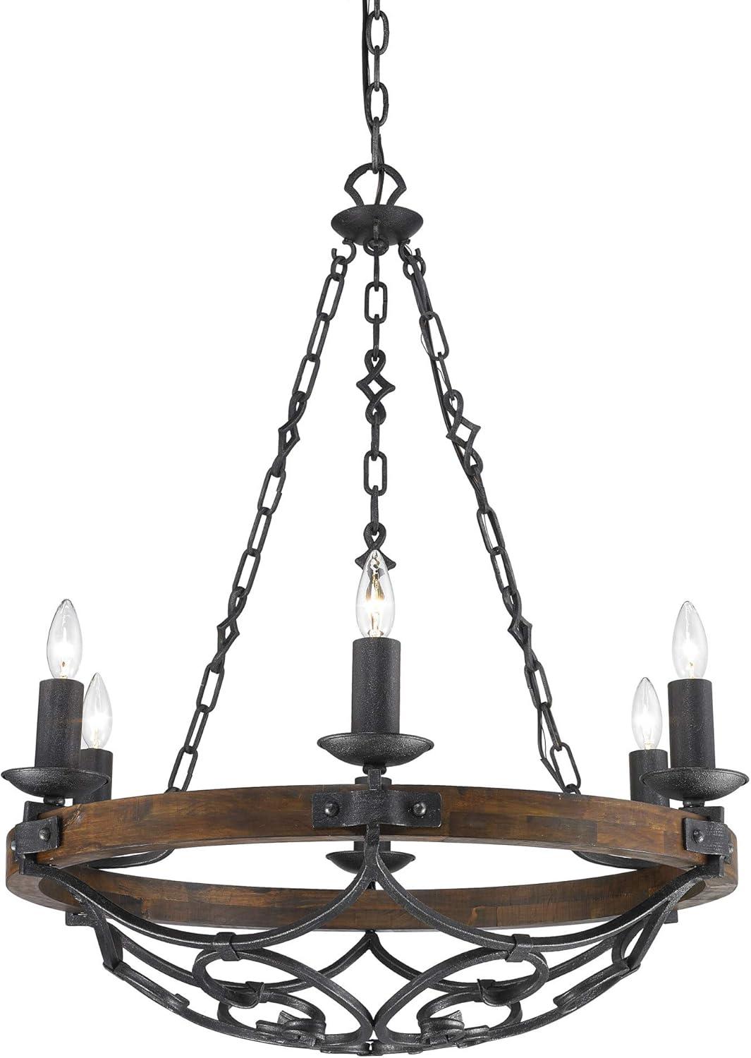 Rustic Madera Black Iron 6-Light Chandelier with Solid Wood Accents