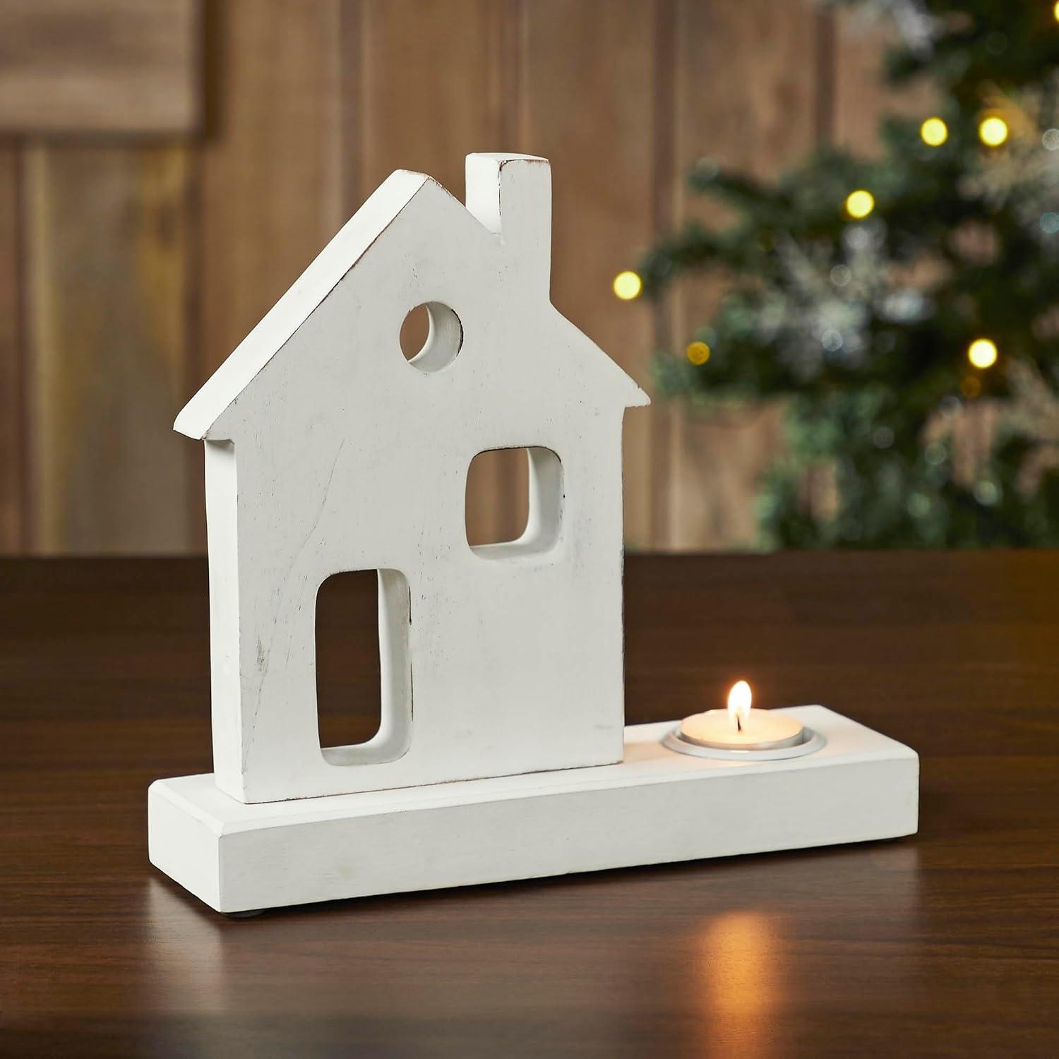 VHC Brands Festive Finds Tealight Holder Village House White
