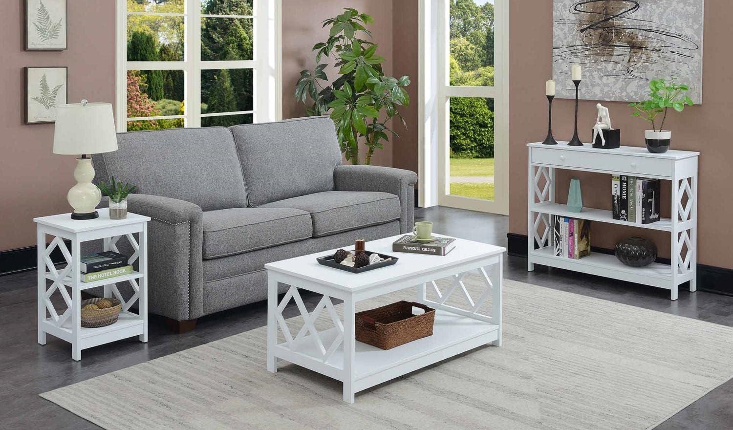 White 40" Diamond Cut-Out Wood Coffee Table with Shelf