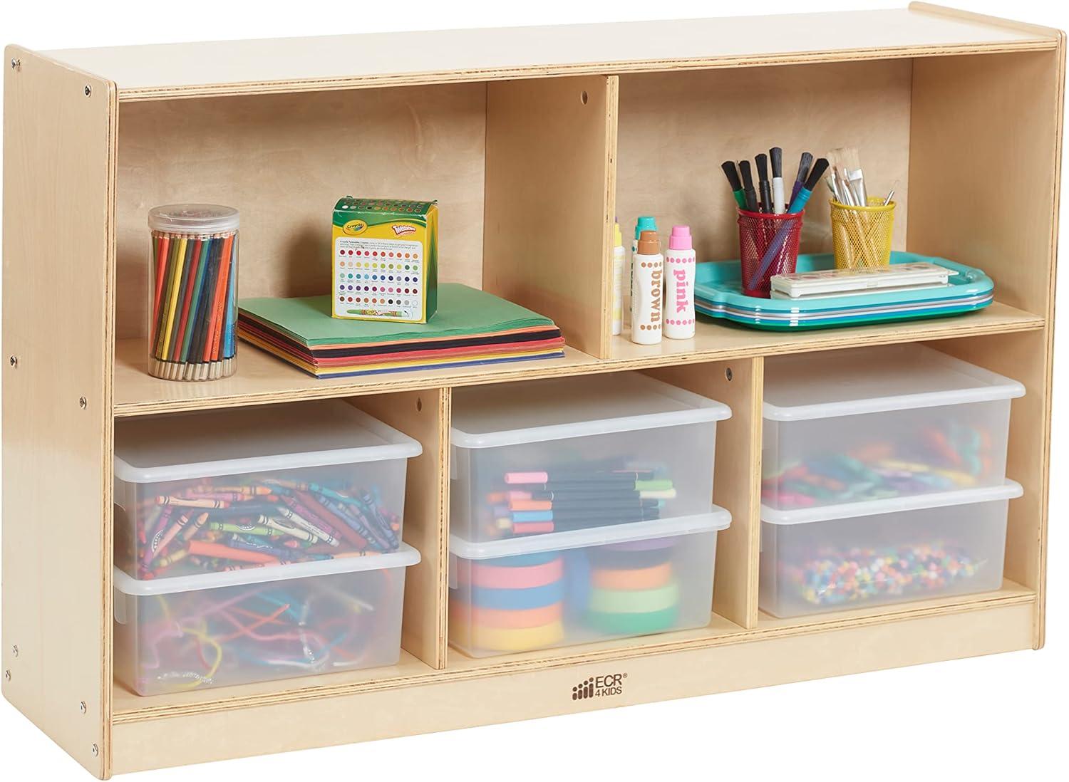 ECR4Kids 5-Compartment Mobile Storage Cabinet, 30in, Classroom Furniture, Natural