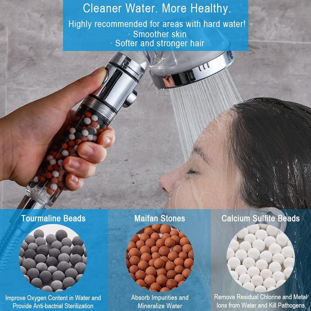 High Pressure Handheld Shower Head with Filter, Shower Head Kits with Hose and Bracket, Hard Water Softener Water Purifying Filtered Showerheads with Filter Beads