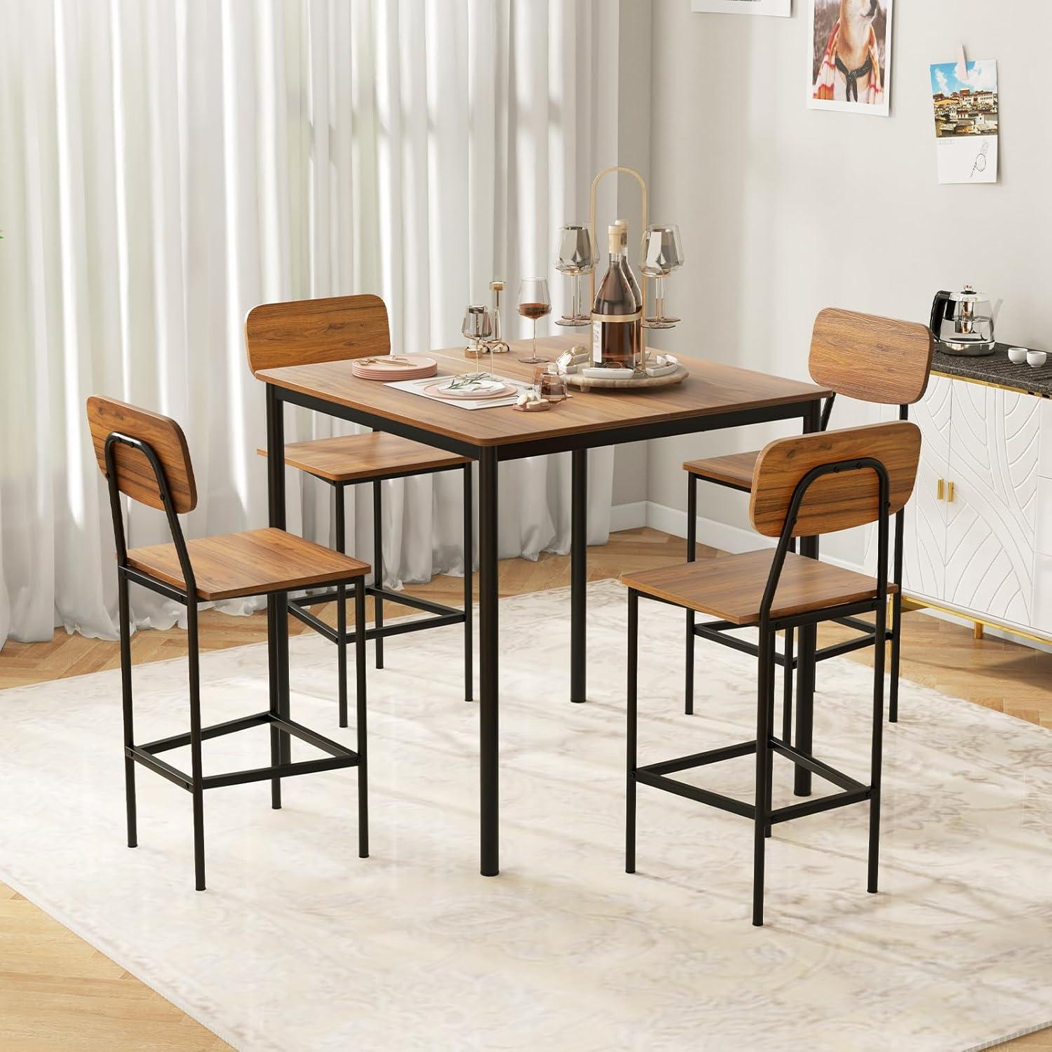 Rustic Brown and Black Pub Table Set with 4 Chairs