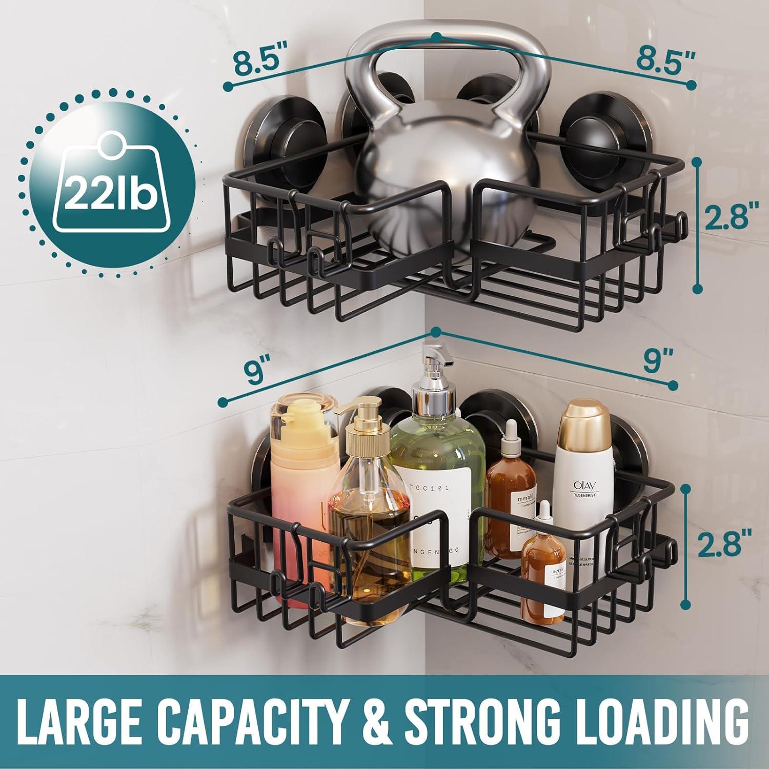 Black Metal Suction Mount Shower Caddy with Hooks