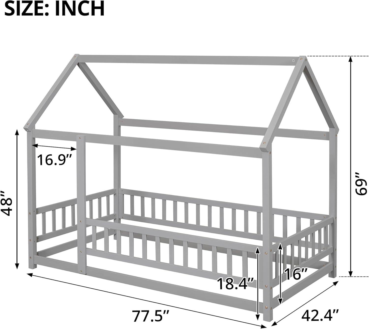 Twin Floor Bed for Kids, Wooden House Bed Frame with Roof, Fence Guardrails, Montessori Bed for Toddlers Girls Boys, Gray