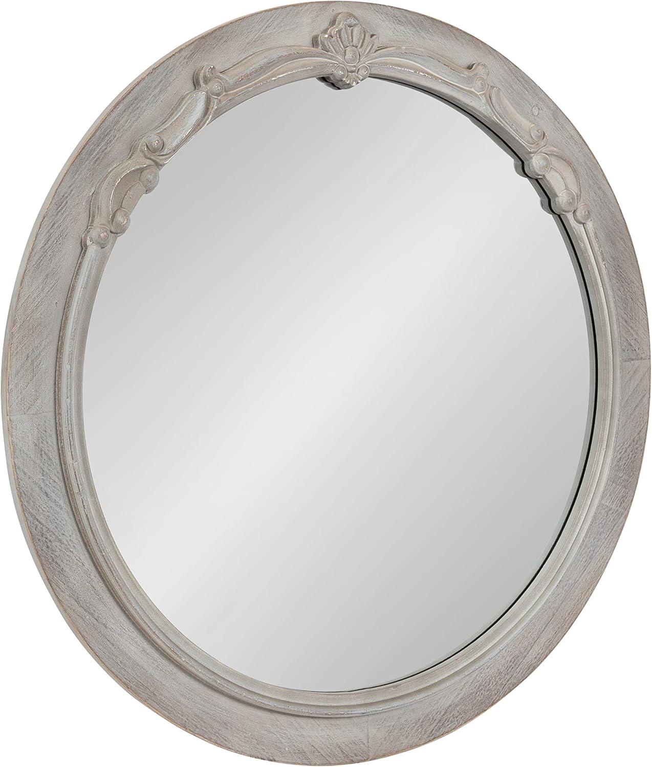 Kate and Laurel Irelyn Coastal Wall Mirror, 26 Inch Diameter, Gray, Farmhouse Inspired Dimensional Wall Decor Accent Piece With Round Frame and Ornate Crown Detailing