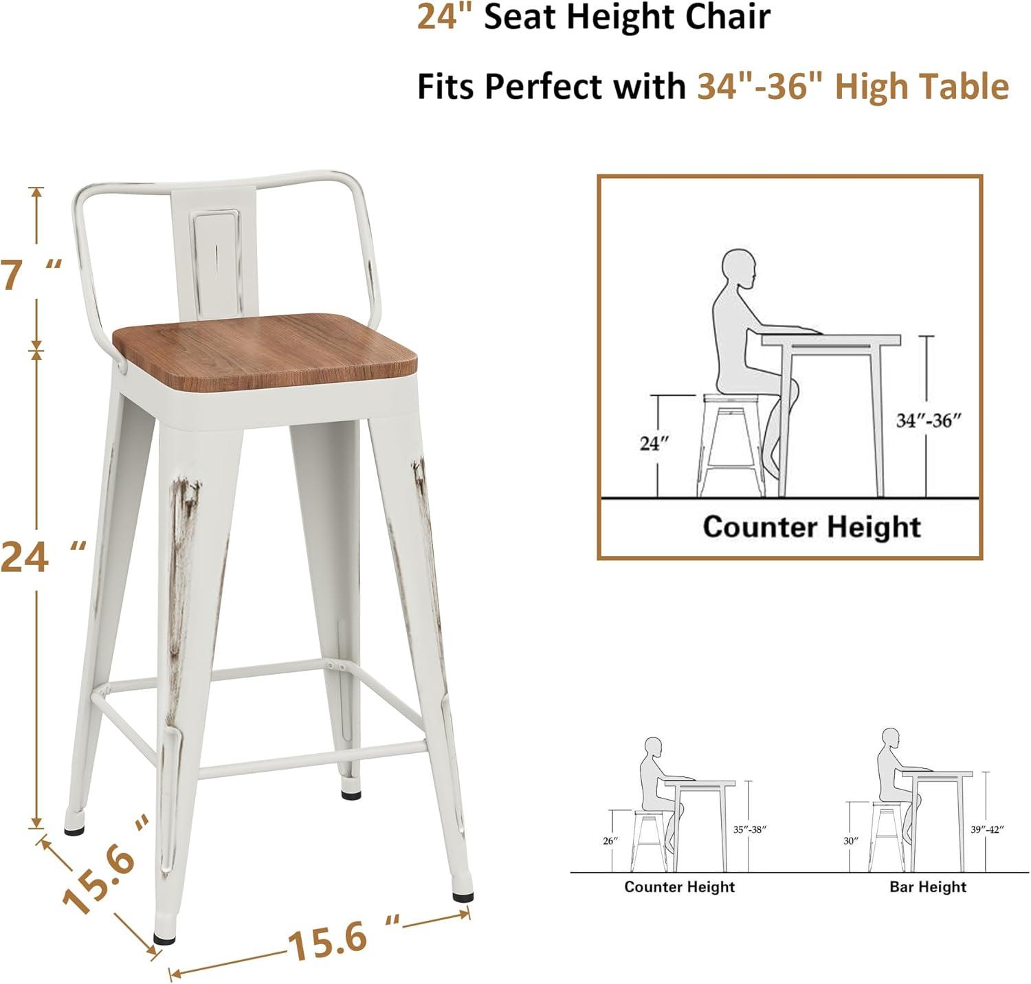 Set of 4 White Metal Bar Stools with Wooden Seats